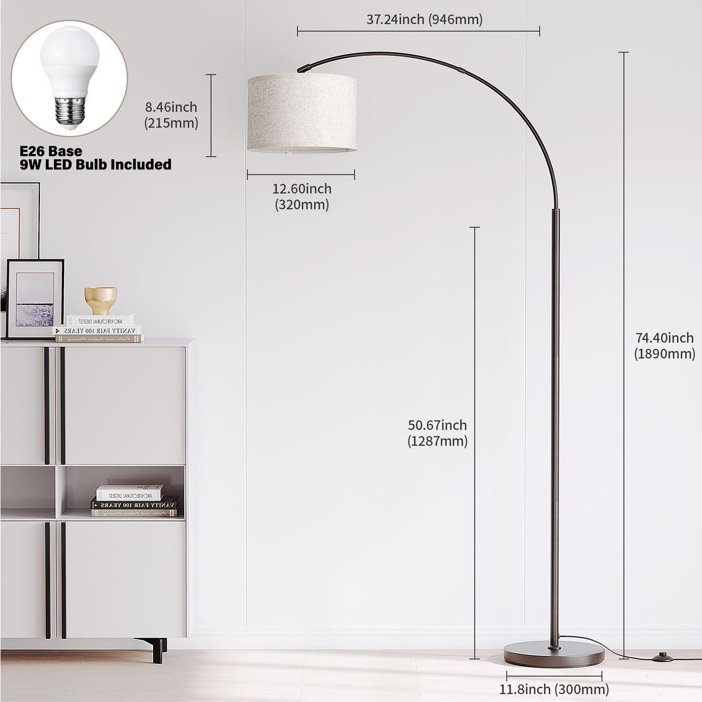 Arc Floor Lamp with Foot Switch, 3 Color Temperature, 9w A19 LED Bulb included, 75″Height Tall Lamp with Hanging Drum Shade, Arched Standing Lamp for Bedroom, Living Room, Office(Black) 13107820083