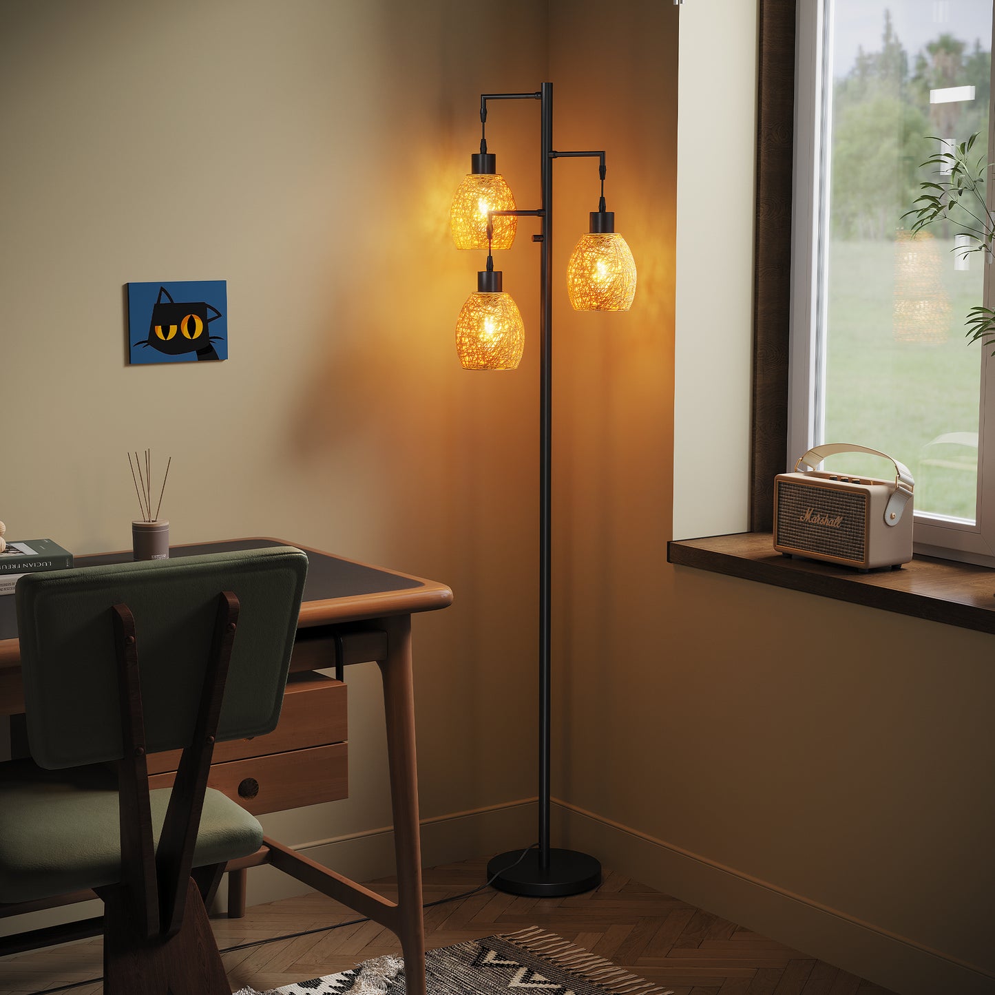 SUNMORY 3 Light Tree Floor Lamp with Rattan Lampshade, Dimmable Tall Standing Lamp, Industrial Farmhouse Floor Lamp with 3 LED Bulbs for Living Room, Bedroom(Black)