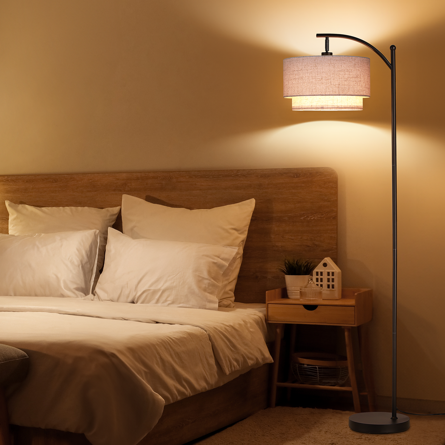 SUNMORY Arc Floor Lamp, Modern Corner Standing Lamp with Unique Hanging Douoble Drum Lampshade for Living Room, Bedroom, Study Room