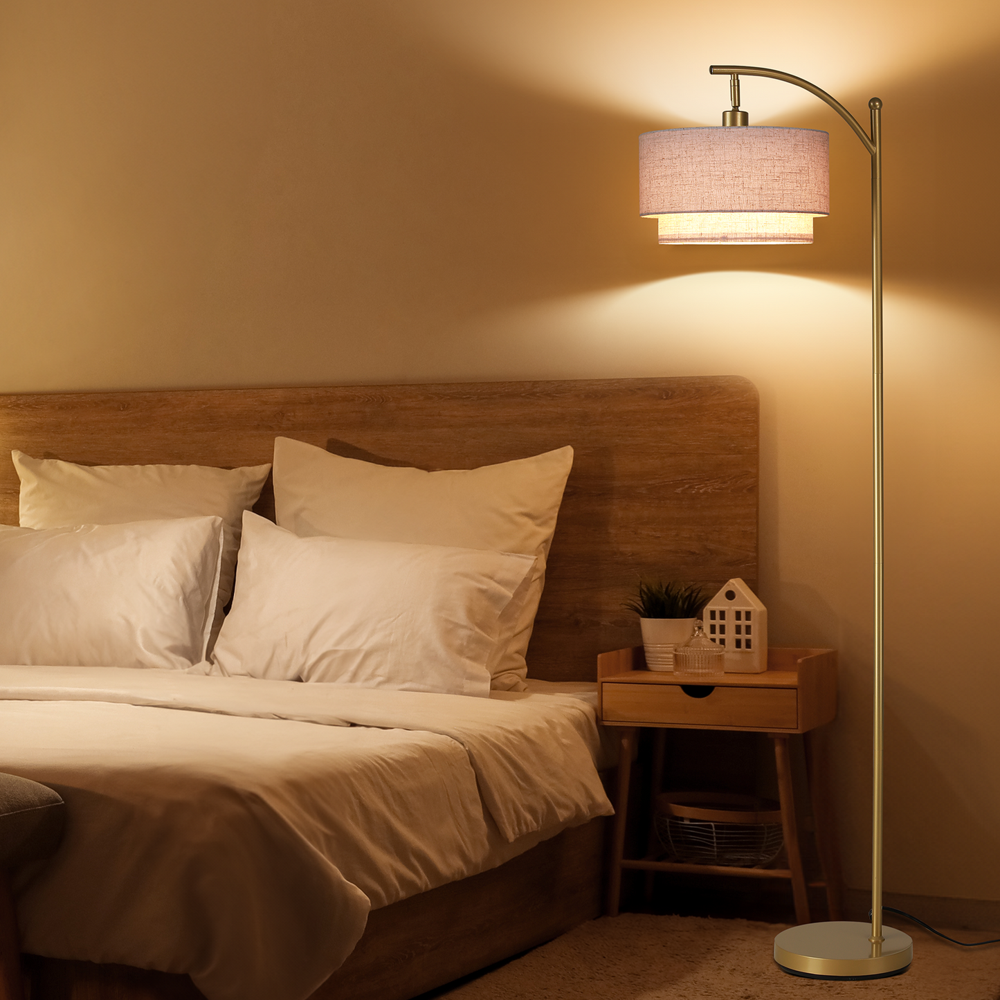 SUNMORY Arc Floor Lamp, Modern Corner Standing Lamp with Unique Hanging Douoble Drum Lampshade for Living Room, Bedroom, Study Room