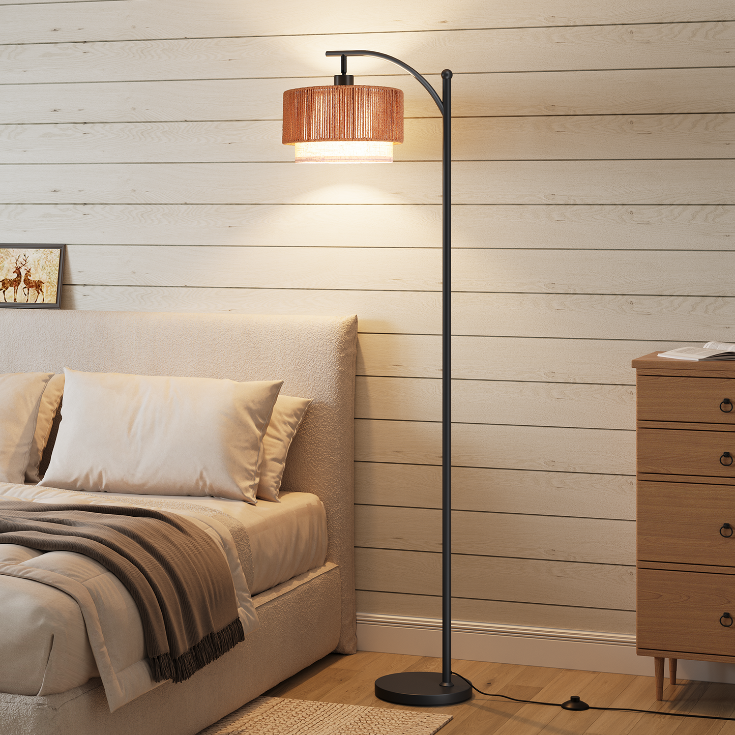 SUNMORY Rattan Floor Lamps, Boho Standing Lamps with Rattan & Linen Double Shades, Arc Lamp Floor with 12W Bulb, Foot Switch, Bohemian Floor Lamps for for Living Room, Bedroom, Study Room