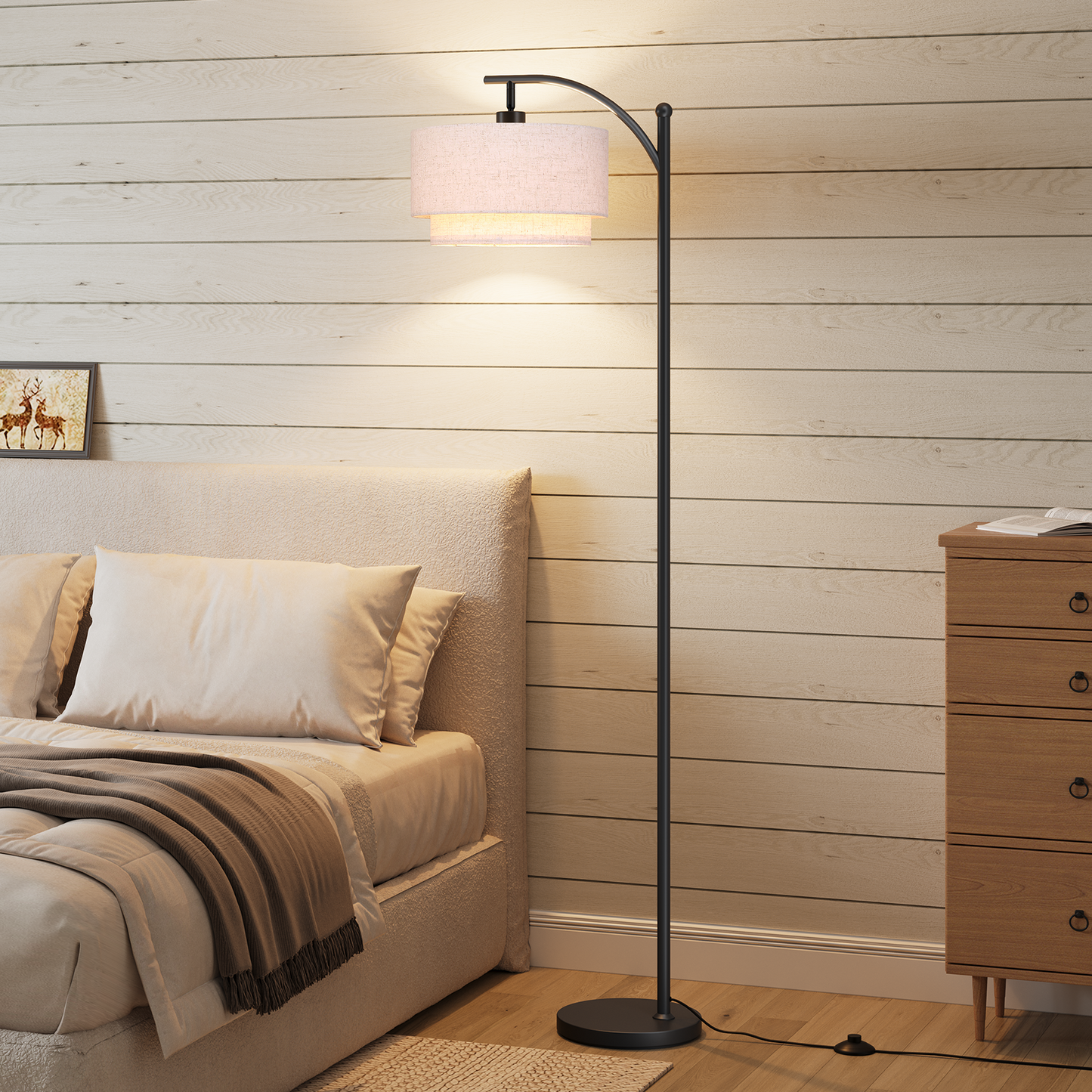 SUNMORY Arc Floor Lamp, Modern Corner Standing Lamp with Unique Hanging Douoble Drum Lampshade for Living Room, Bedroom, Study Room