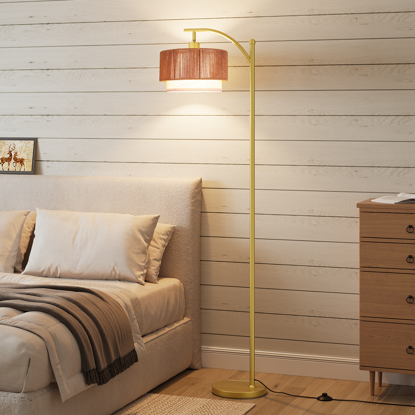SUNMORY Rattan Floor Lamps, Boho Standing Lamps with Rattan & Linen Double Shades, Arc Lamp Floor with 12W Bulb, Foot Switch, Bohemian Floor Lamps for for Living Room, Bedroom, Study Room
