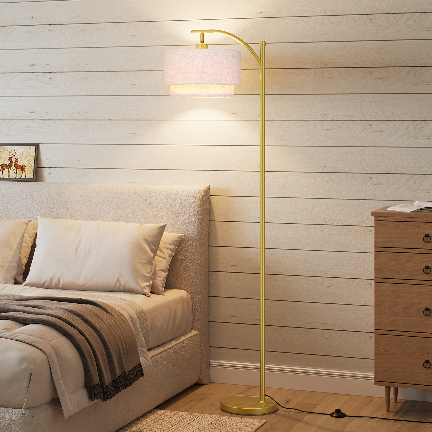 SUNMORY Arc Floor Lamp, Modern Corner Standing Lamp with Unique Hanging Douoble Drum Lampshade for Living Room, Bedroom, Study Room