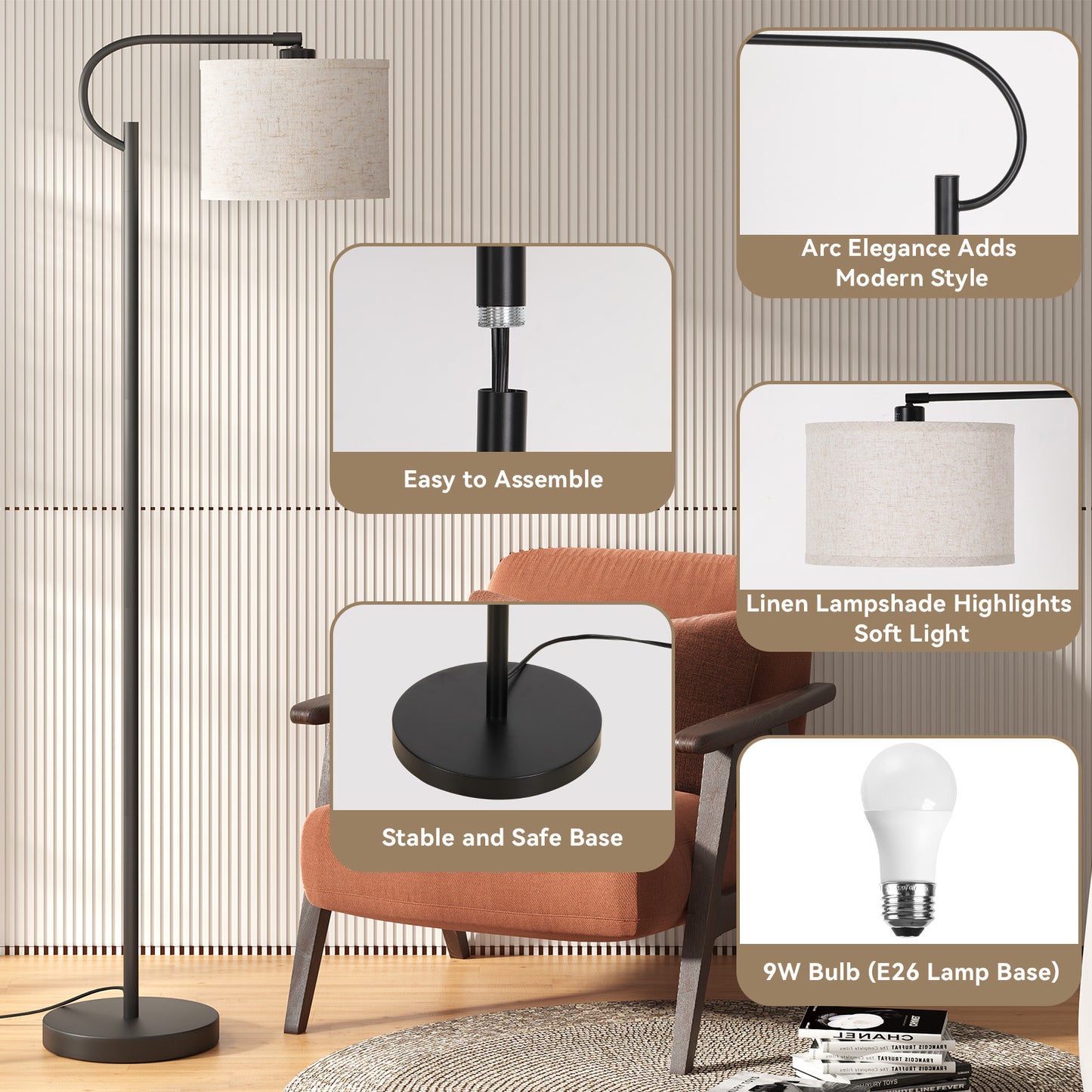 SUNMORY 63" Arc Floor Lamp for Living Room, Dimming Standing Lamp with Linen Shade, Tall lamp with 3 Color Temperature LED, Metal Modern Floor Lamps for Bedroom, Office, Bulb Included, Black 17438968972