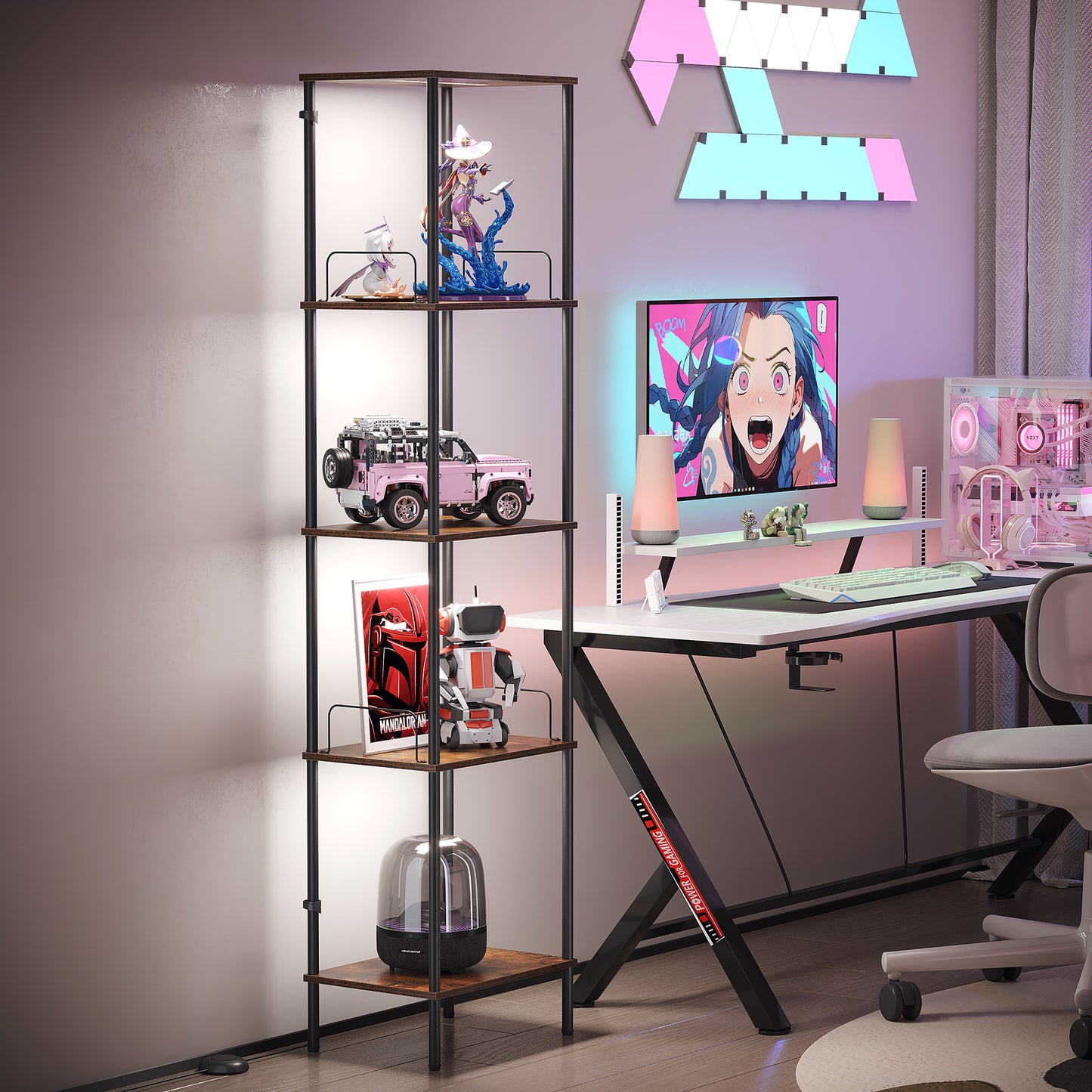 SUNMORY Display Shelf with Dimmable Lights, Lighted Display Cases for Collectibles, Adjustable Color Temperature and Brightness, Display Cabinet, Floor Lamp with Shelves, Home Decor, Rustic Brown