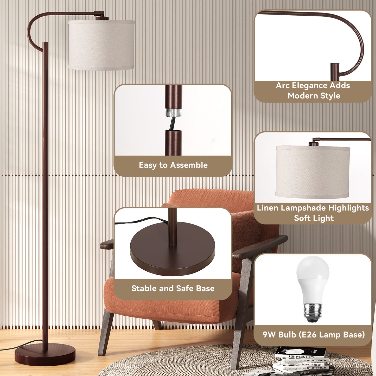 SUNMORY Arc Floor Lamp, 63" Modern Metal Tall Floor Lamp with Foot Switch, Dimming Standing Lamp with 3 Color Temperature, Adjustable Shade Arched Floor Lamps for Living Room, Bulb Included, Brown 17413209724