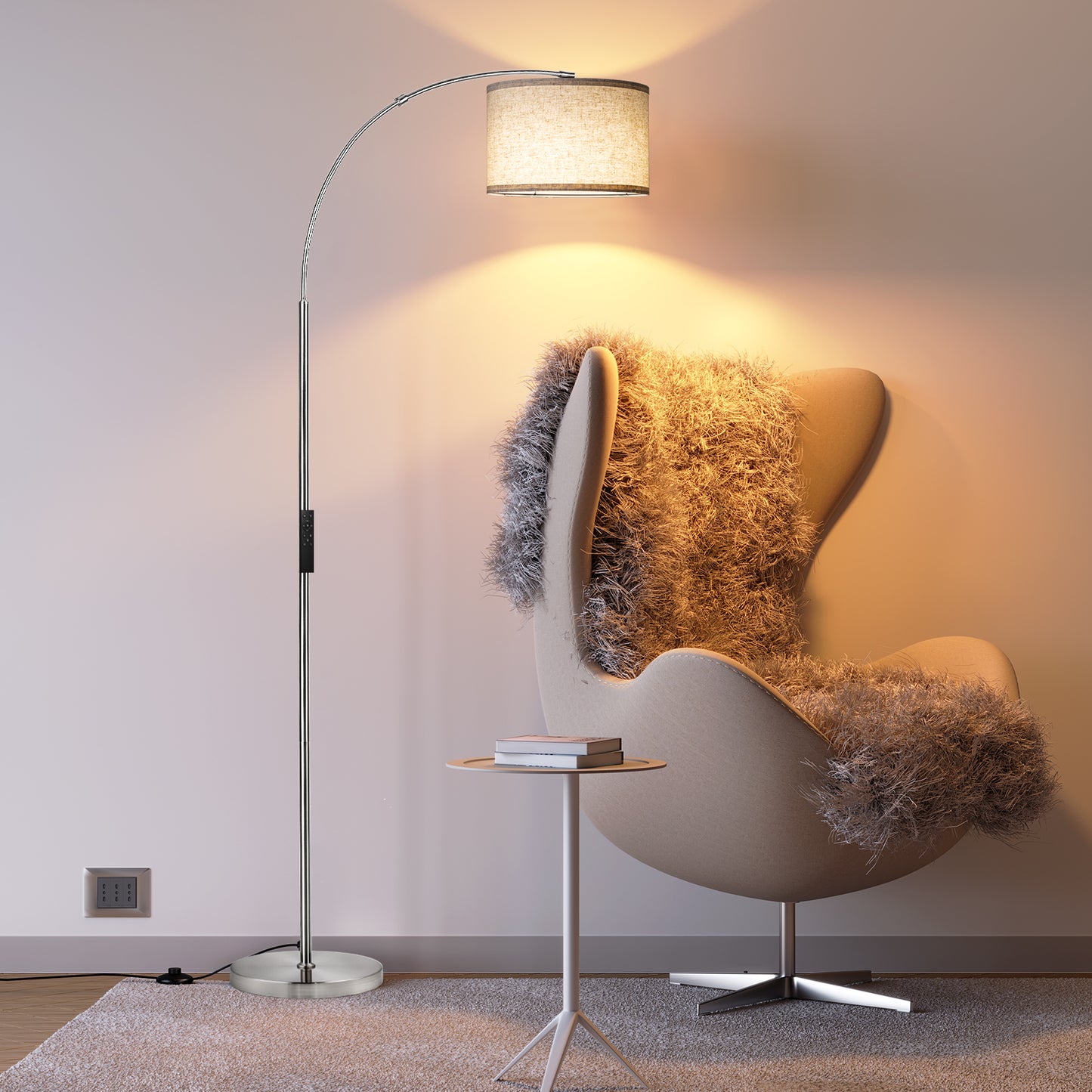 Arc Floor Lamp with Remote, Modern Floor Lamp with Stepless Dimmer, Tall Lamp with Hanging Drum Shade, Iron, Silver