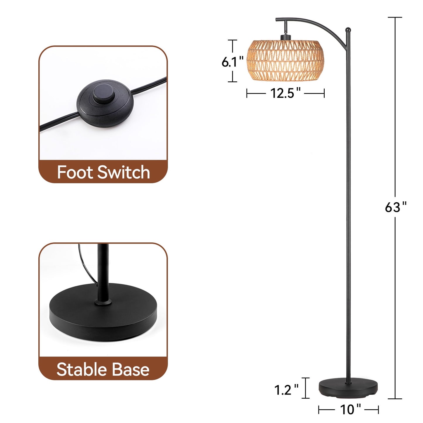 SUNMORY Dimmable Floor Lamp, Black Standing Lamp with Rattan & Fabric Double Drum Shade, Boho Farmhouse Tall Lamp for Living Room