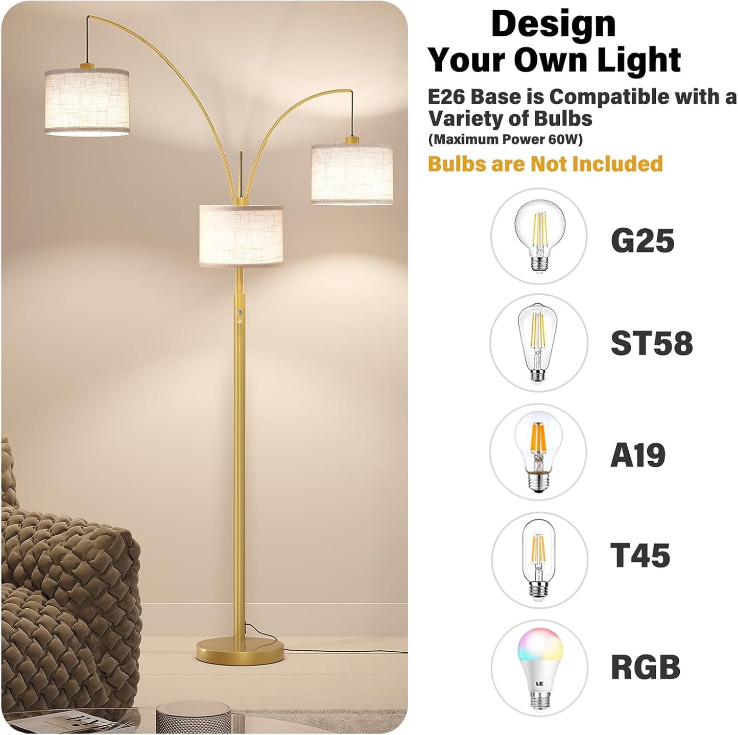 SUNMORY 3 Lights Floor Lamp for Living Room, 78" Tall Standing Lamp with Hanging Drum Shade, Modern Arc Floor Lamps with Heavy Base, Mid Century Arched Tree Floor Lamp for Bedroom, Office, Corner