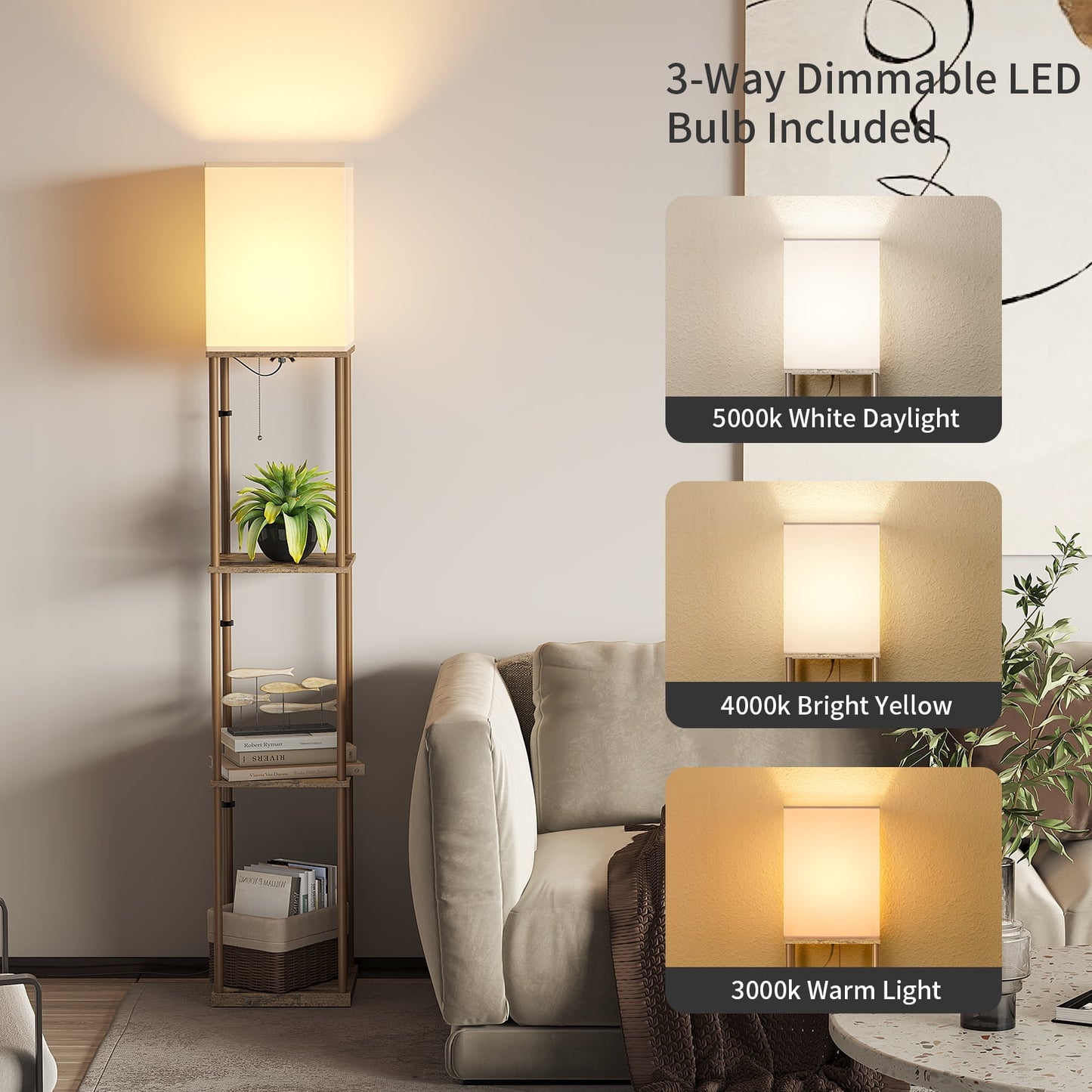 SUNMORY Floor Lamp with Shelves,Modern Dimmable Solid Wood Standing Lamp ,Corner Tall Bookshelf Lamp for Living Room and Bedroom (White) -11033858461