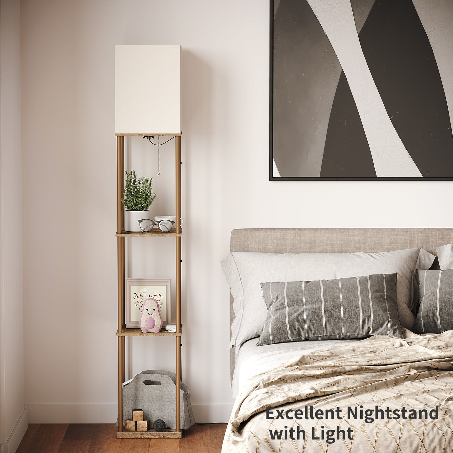 SUNMORY Floor Lamp with Shelves,Modern Dimmable Solid Wood Standing Lamp ,Corner Tall Bookshelf Lamp for Living Room and Bedroom (White)