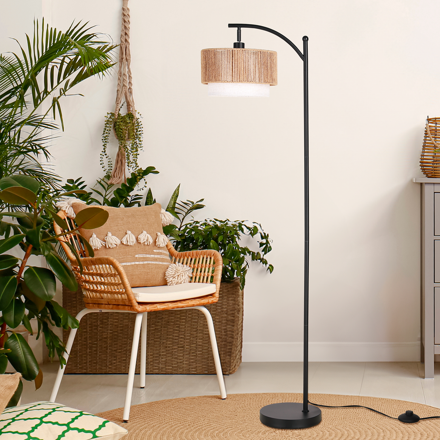 SUNMORY Rattan Floor Lamps, Boho Standing Lamps with Rattan & Linen Double Shades, Arc Lamp Floor with 12W Bulb, Foot Switch, Bohemian Floor Lamps for for Living Room, Bedroom, Study Room