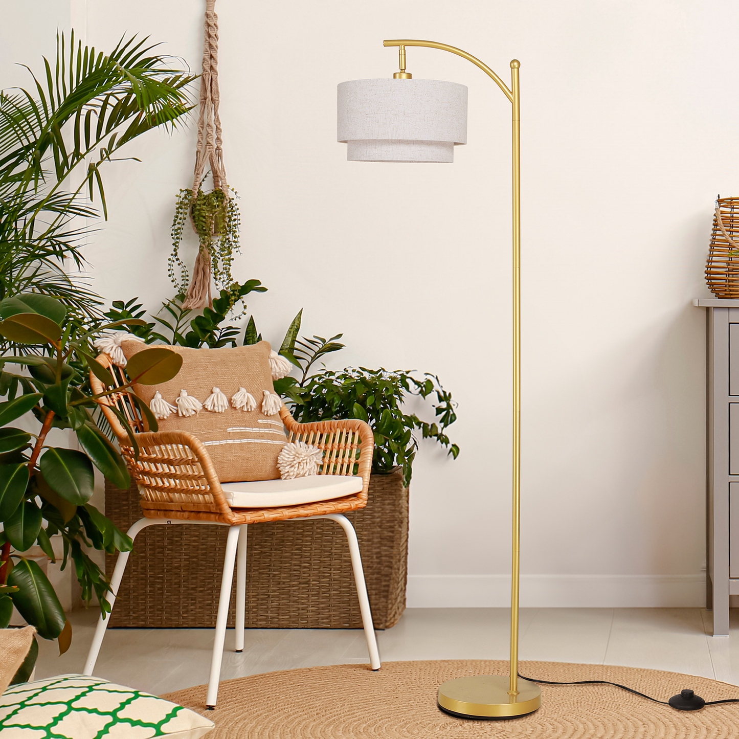 SUNMORY Arc Floor Lamp, Modern Corner Standing Lamp with Unique Hanging Douoble Drum Lampshade for Living Room, Bedroom, Study Room
