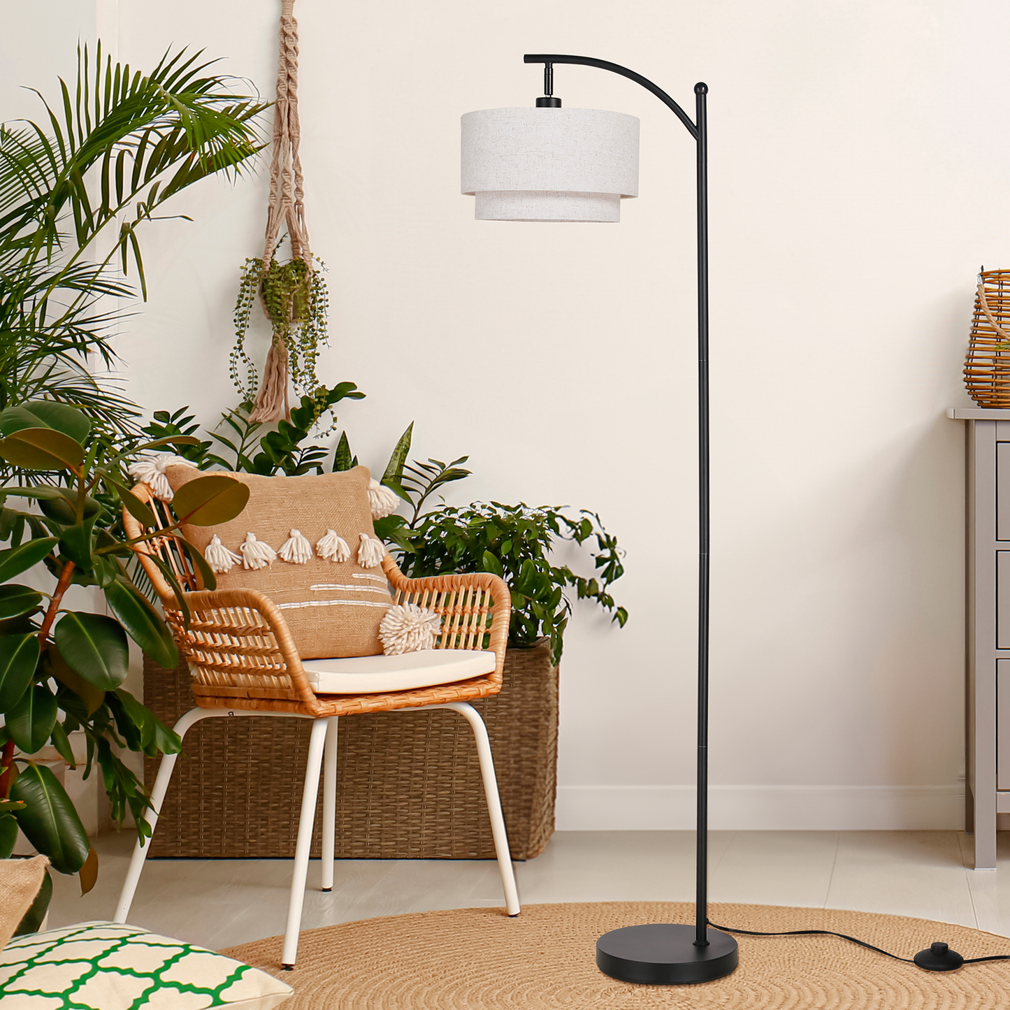 SUNMORY Arc Floor Lamp, Modern Corner Standing Lamp with Unique Hanging Douoble Drum Lampshade for Living Room, Bedroom, Study Room