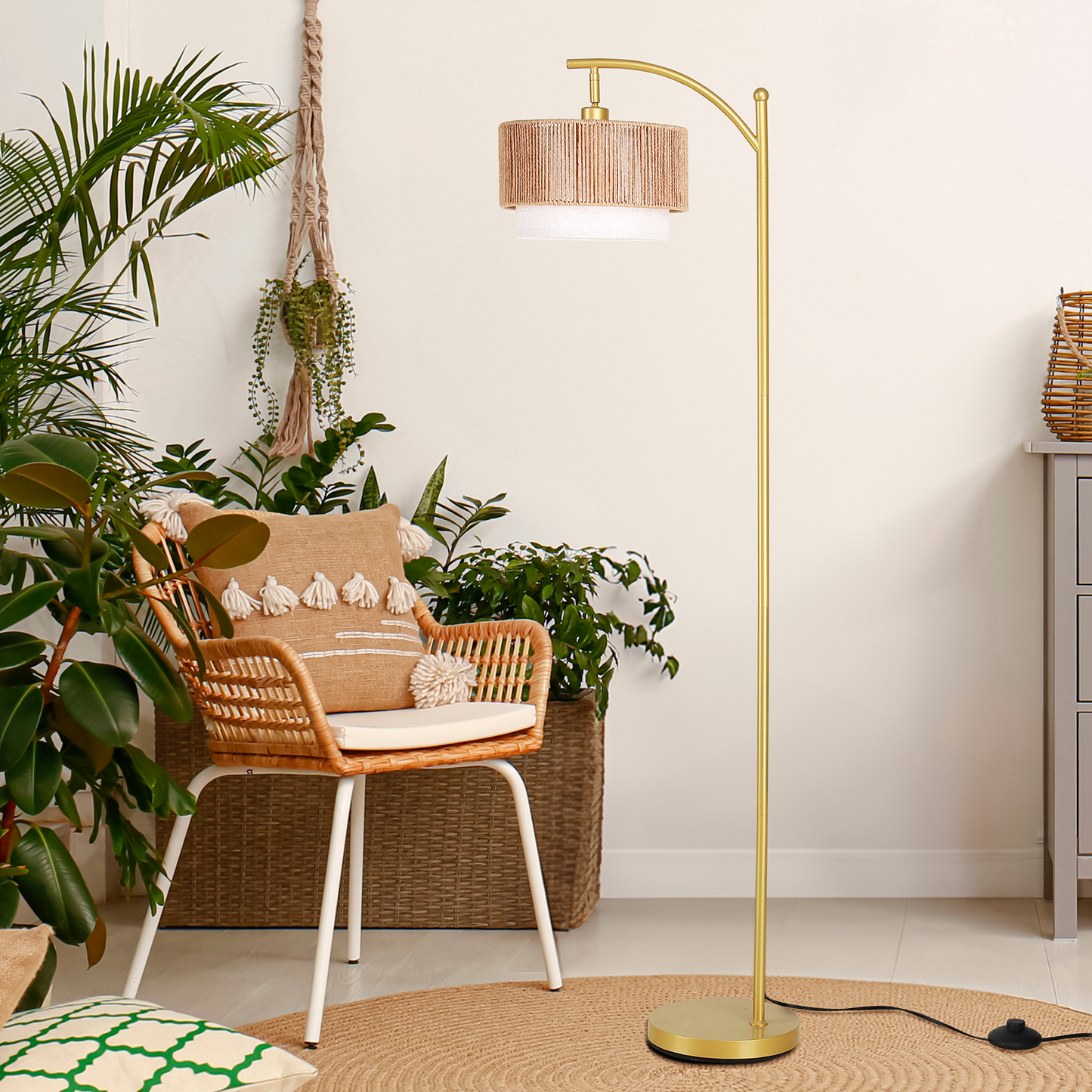 SUNMORY Rattan Floor Lamps, Boho Standing Lamps with Rattan & Linen Double Shades, Arc Lamp Floor with 12W Bulb, Foot Switch, Bohemian Floor Lamps for for Living Room, Bedroom, Study Room