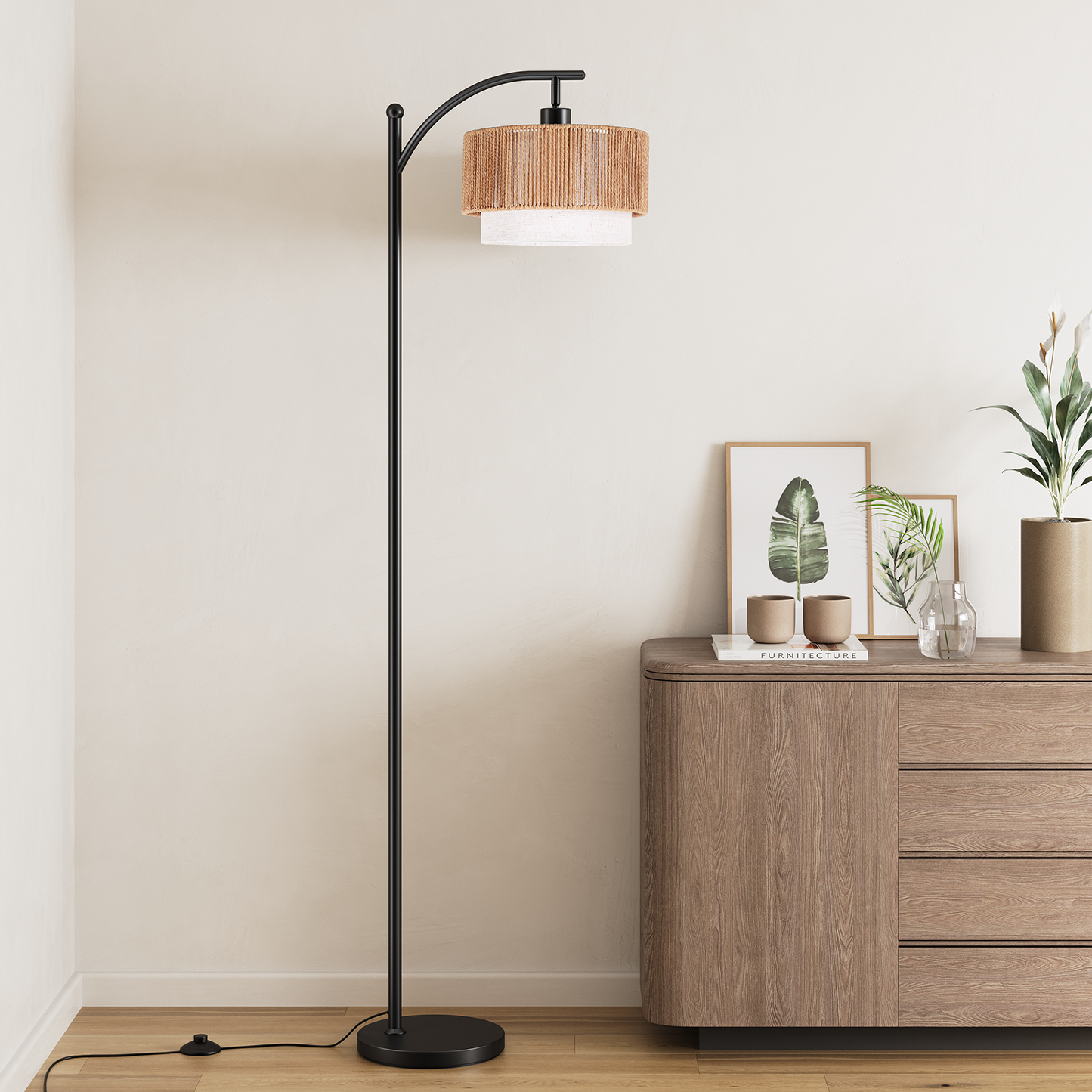 SUNMORY Rattan Floor Lamps, Boho Standing Lamps with Rattan & Linen Double Shades, Arc Lamp Floor with 12W Bulb, Foot Switch, Bohemian Floor Lamps for for Living Room, Bedroom, Study Room