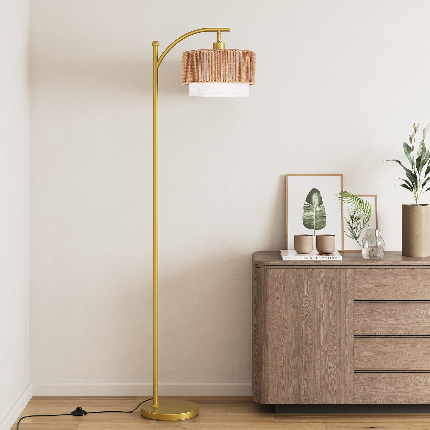 SUNMORY Rattan Floor Lamps, Boho Standing Lamps with Rattan & Linen Double Shades, Arc Lamp Floor with 12W Bulb, Foot Switch, Bohemian Floor Lamps for for Living Room, Bedroom, Study Room