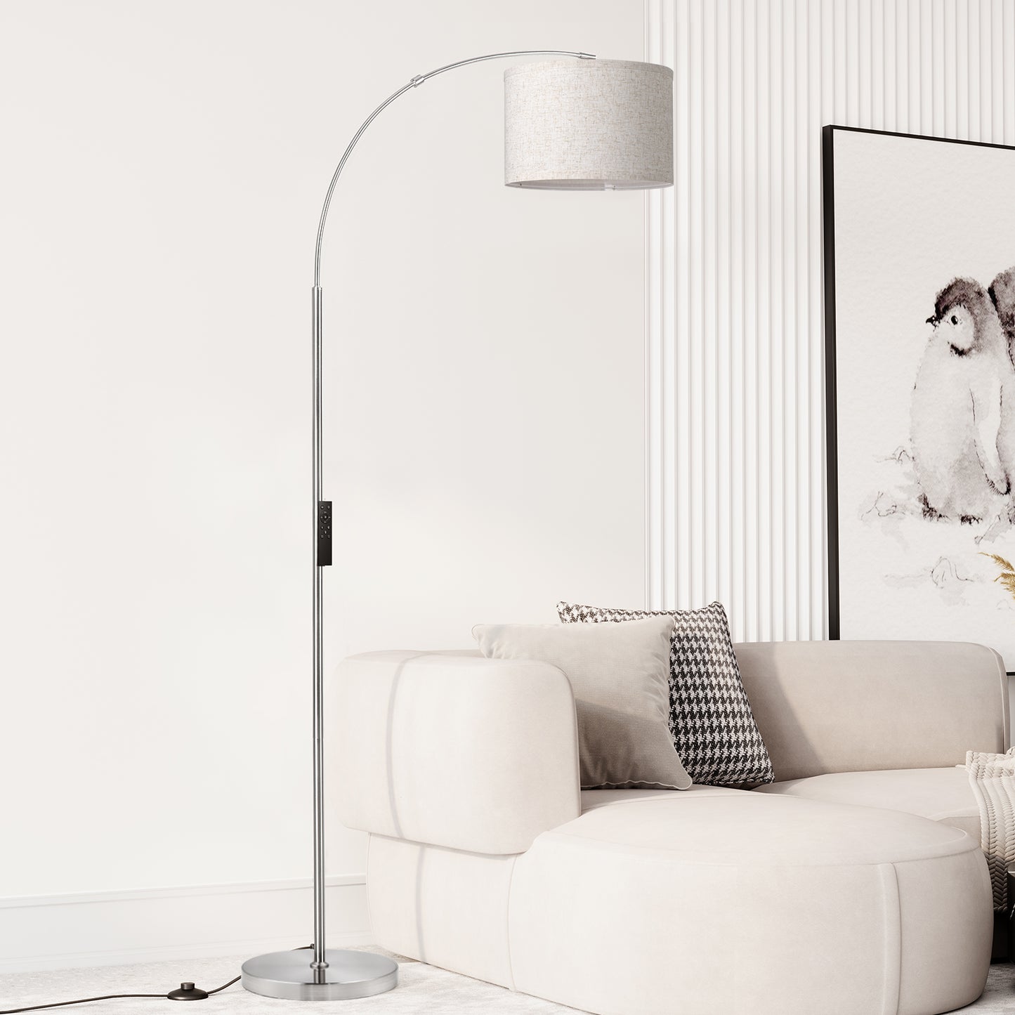 Arc Floor Lamp with Remote, Modern Floor Lamp with Stepless Dimmer, Tall Lamp with Hanging Drum Shade, Iron, Silver