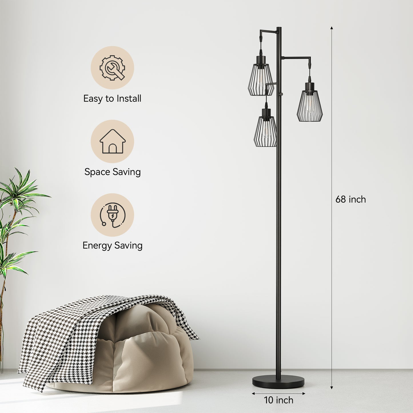 SUNMORY Industrial Floor Lamp, Three Lights Farmhouse Floor Lamp with 3 LED Edison Bulbs, Standing Tree Lamp with Sturdy Base, Tall Vintage Pole Light for Bedroom, Office, Dining Room(Black)