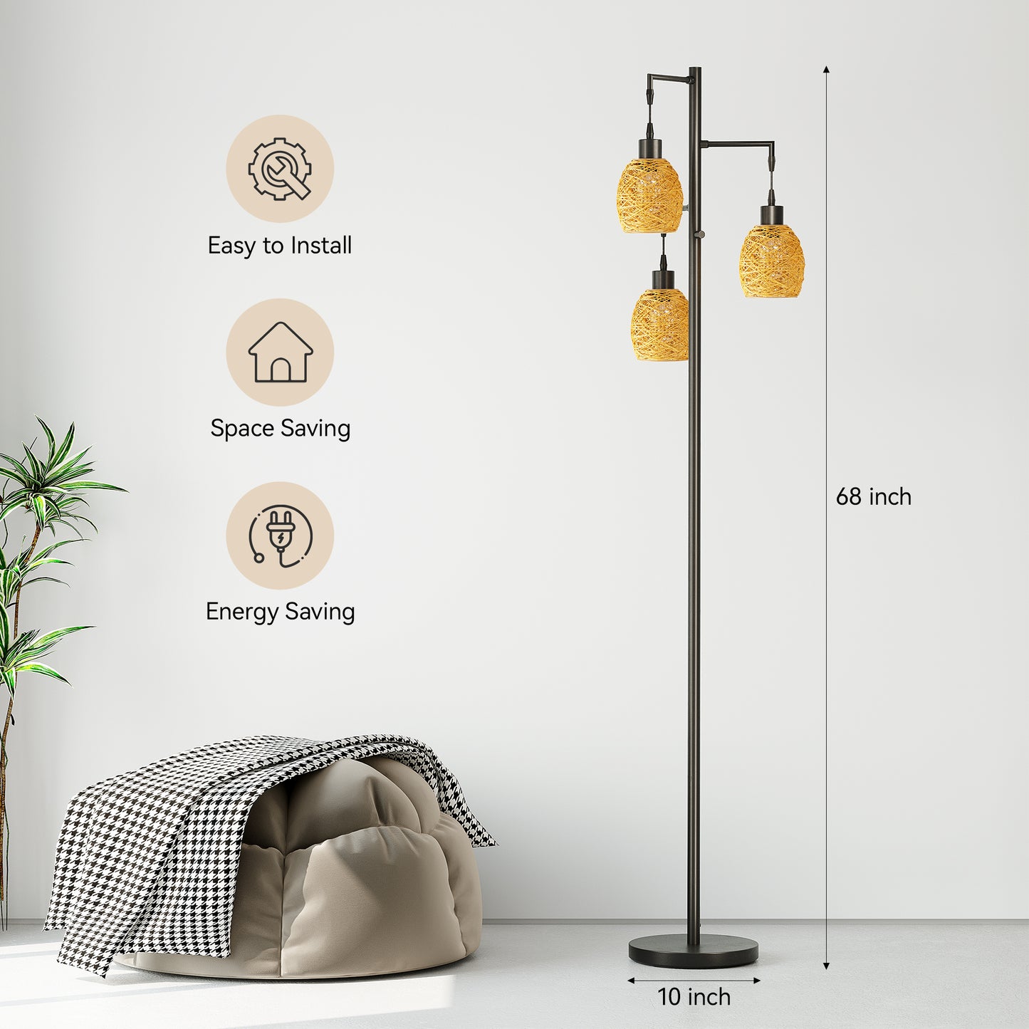 SUNMORY 3 Light Tree Floor Lamp with Rattan Lampshade, Dimmable Tall Standing Lamp, Industrial Farmhouse Floor Lamp with 3 LED Bulbs for Living Room, Bedroom(Black)