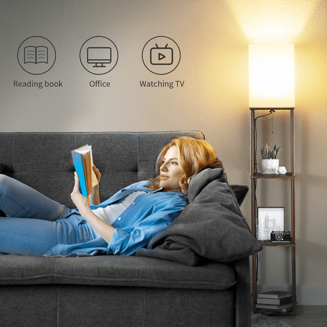 SUNMORY Floor Lamp with Shleves,63" Standing Lamp with 4 Tier Wood Display Shelves and Linen Lampshade