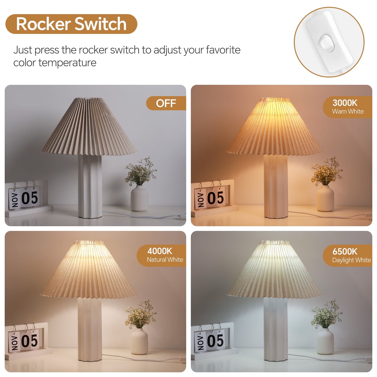 SUNMORY 17.5'' Ceramic Table Lamp, 3-Way Dimmable Led Bulb Bedside Nightstand Lamps with Pleated Fabric Shade