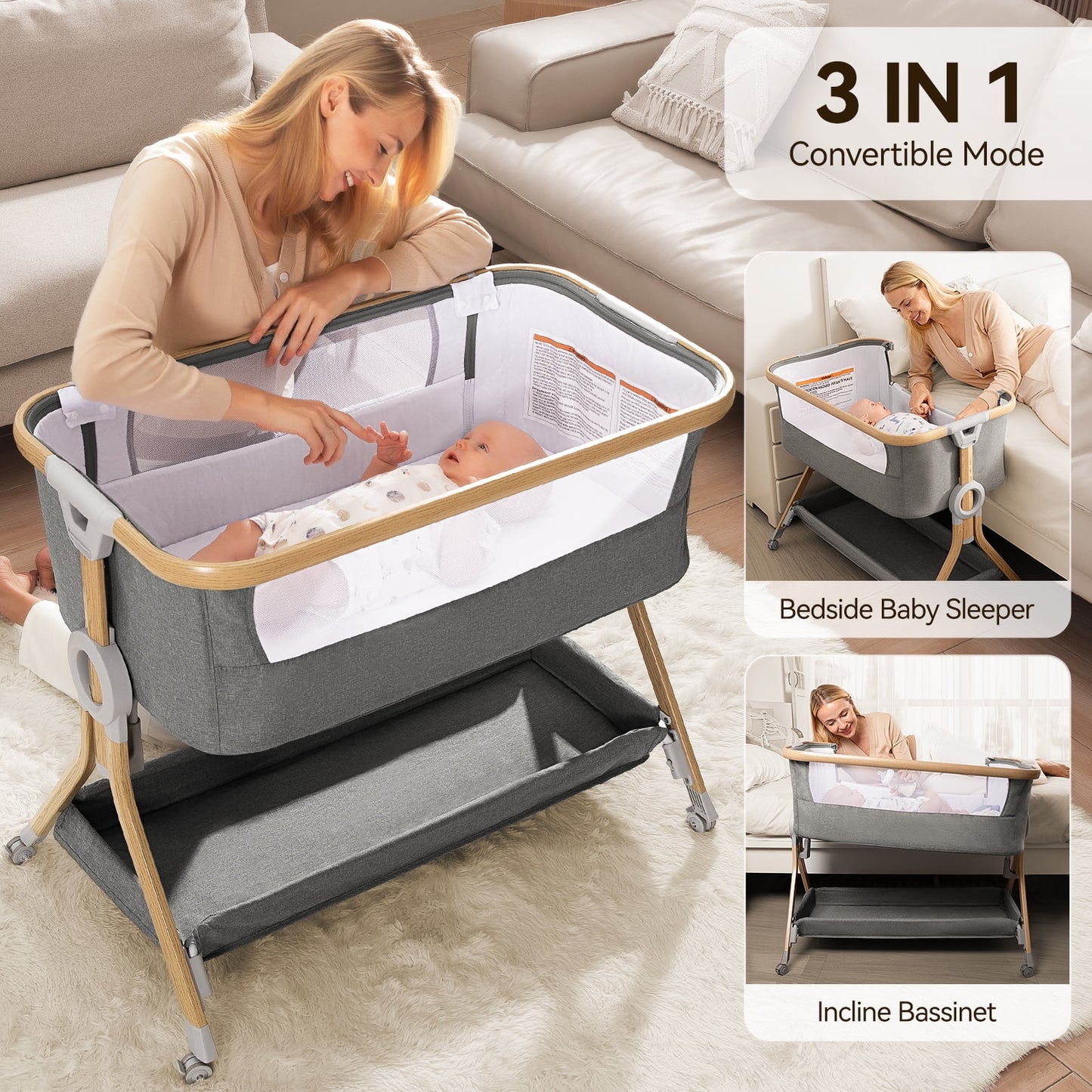 Baby Bassinet Bedside Sleeper, Baby Bed to Babies Cradle, Adjustable 5-Level Height Portable Bed for Newborn/ Infant/ Baby Boy/ Baby Girl (Light Gray) BSC001