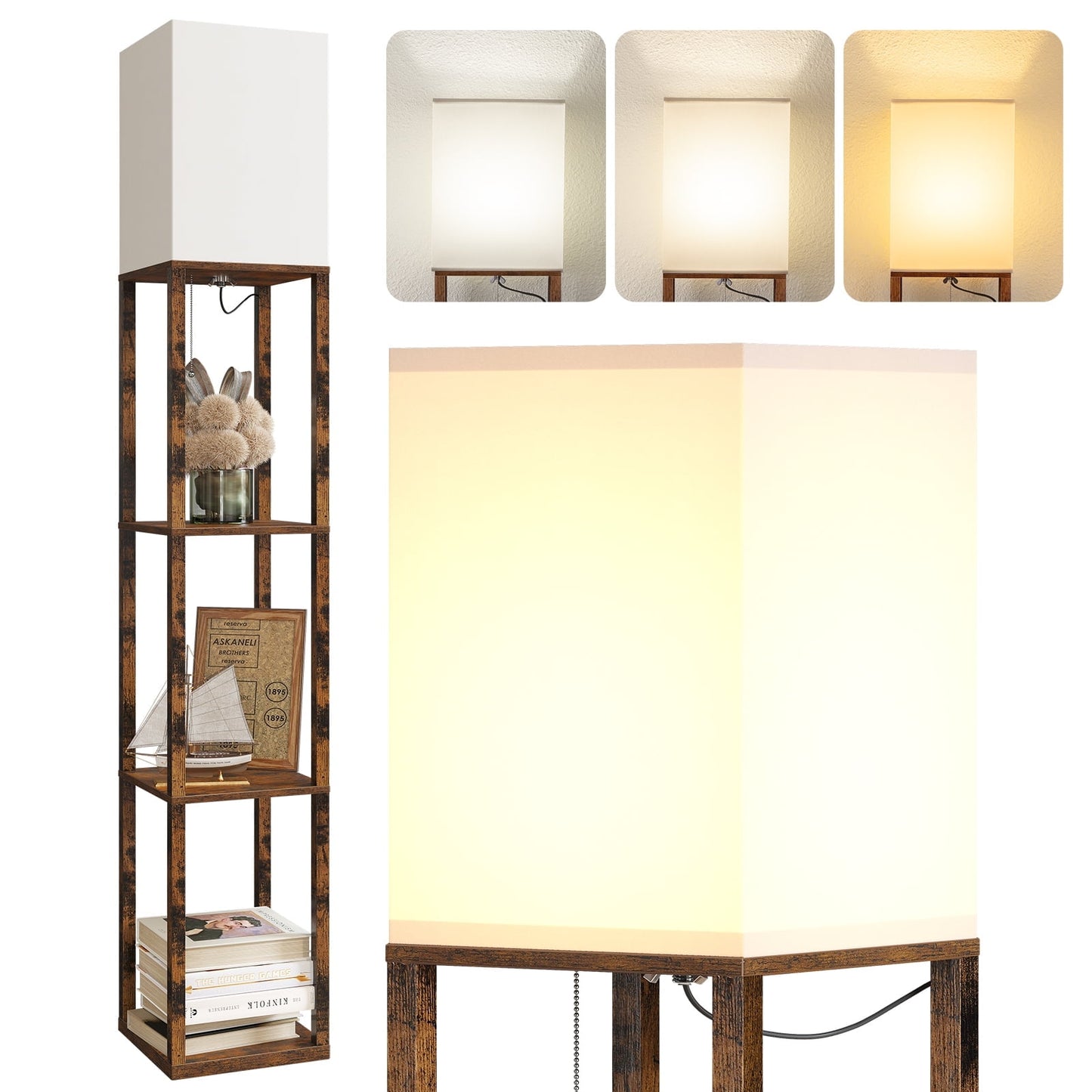 SUNMORY Floor Lamp with Shelves, LED Standing Lamp 1000 LUmens, Shelf Floor Lamp with Weighted Base, Morden Lamp for Bedroom Living Room, Lamp with Storage Dustproof, UL Certified, Brown 16041107997