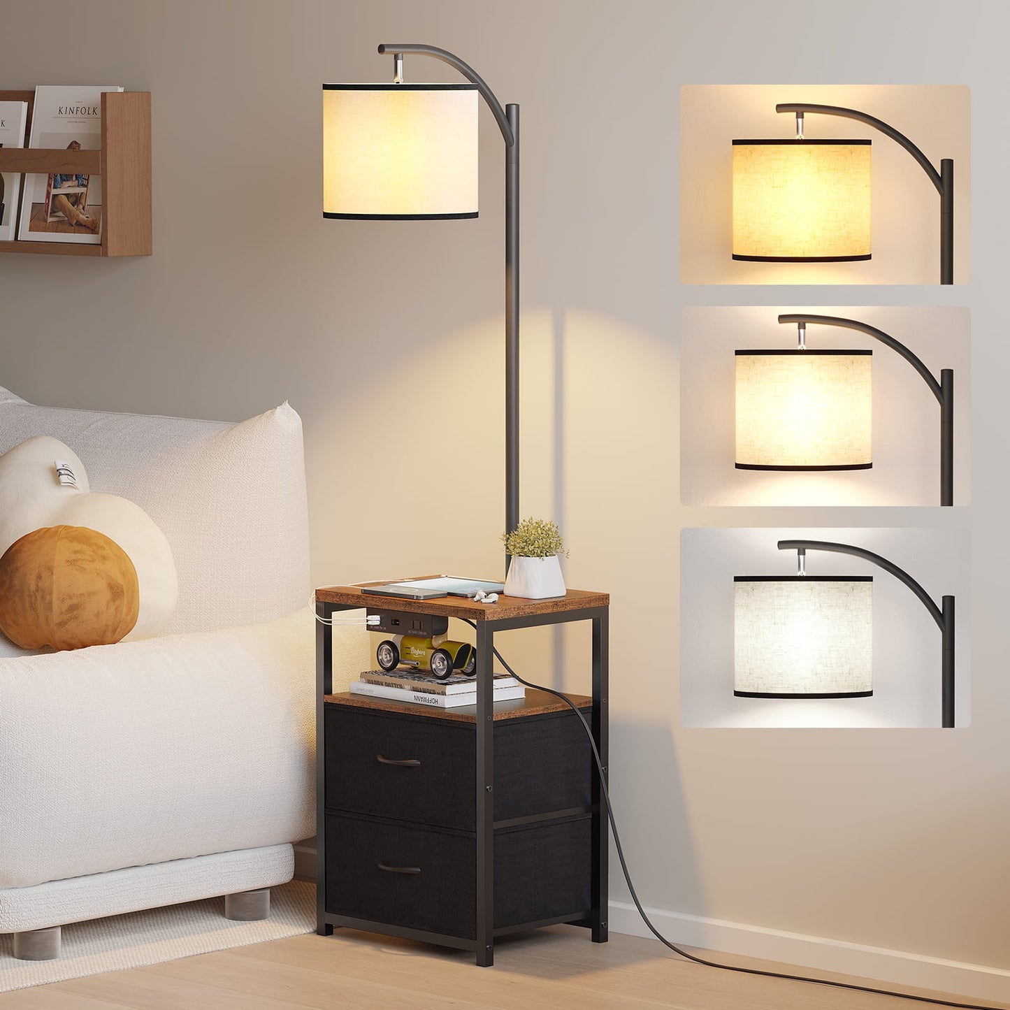 SUNMORY Floor Lamp with Table for Bedroom, Nightstand with Drawers Lamp with USB Port and Outlet Reading Light -Walnut