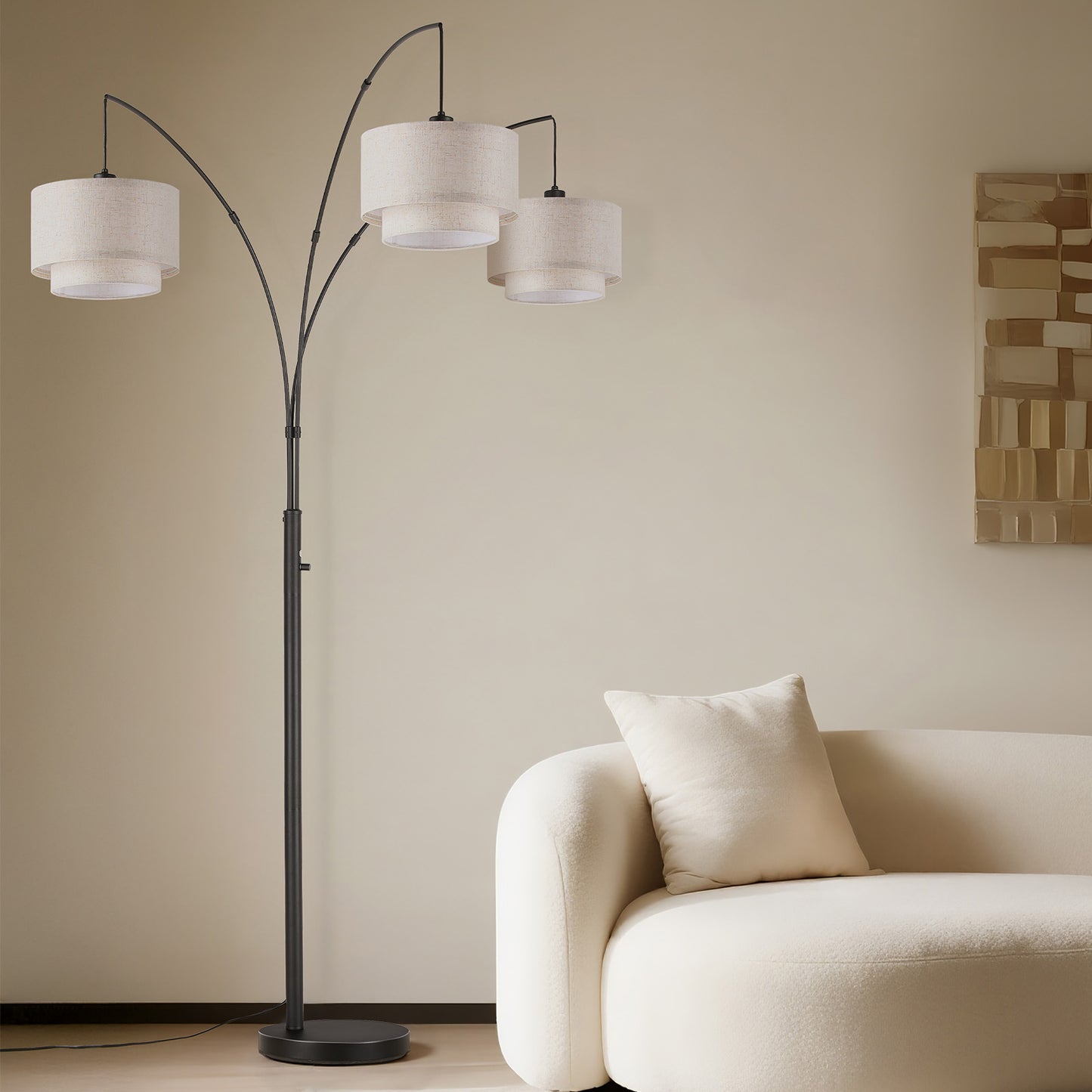 SUNMORY 3 Lights Tree Floor Lamp, 81.5" Tall Standing Lamp with Hanging Dual Drum Linen Shade, Modern Arc Floor Lamps with Heavy Base & 3 Bulbs, Mid Century Arched Floor Lamp for Living Room, Bedroom Black 17167153144