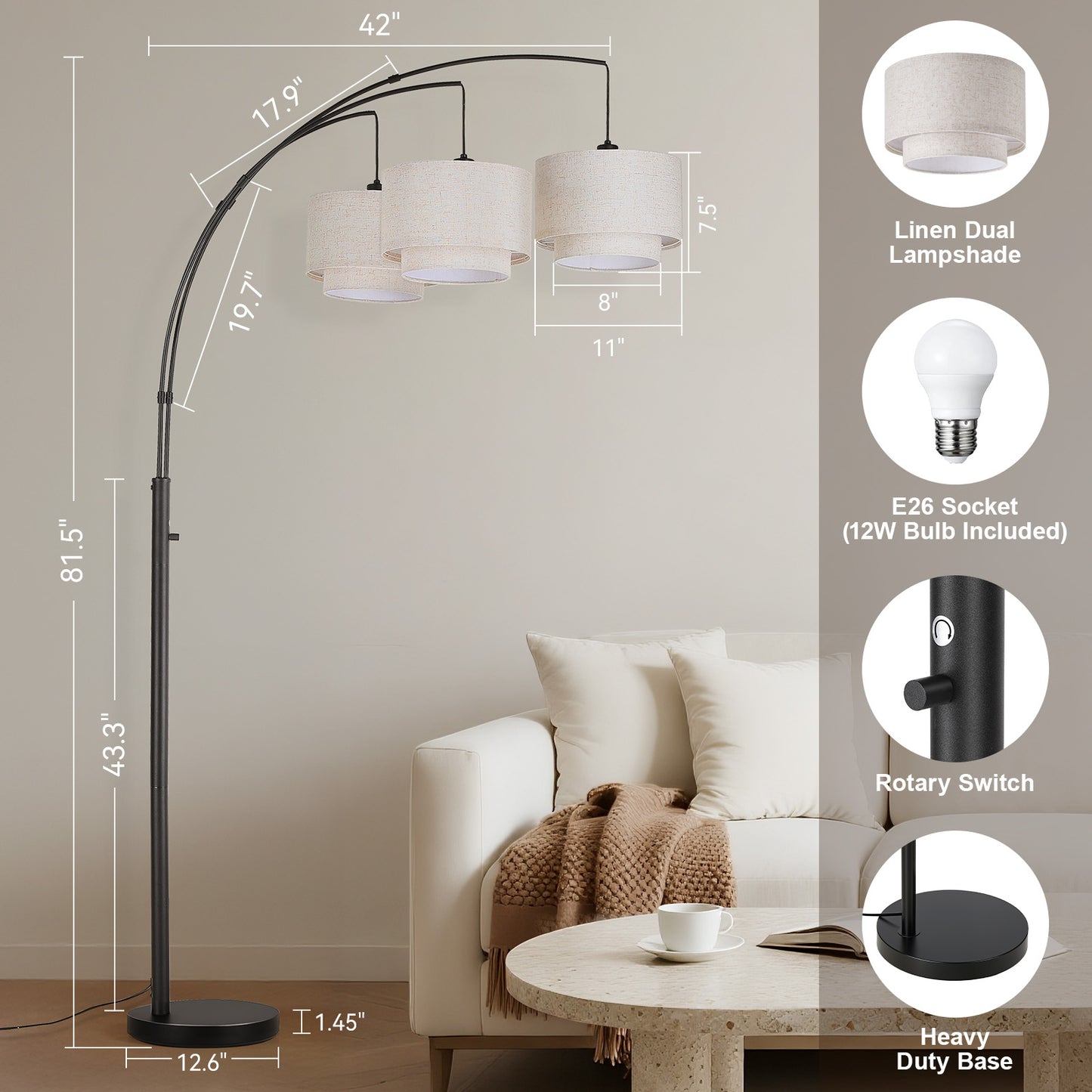 SUNMORY 3 Lights Tree Floor Lamp, 81.5" Tall Standing Lamp with Hanging Dual Drum Linen Shade, Modern Arc Floor Lamps with Heavy Base & 3 Bulbs, Mid Century Arched Floor Lamp for Living Room, Bedroom Black 17167153144