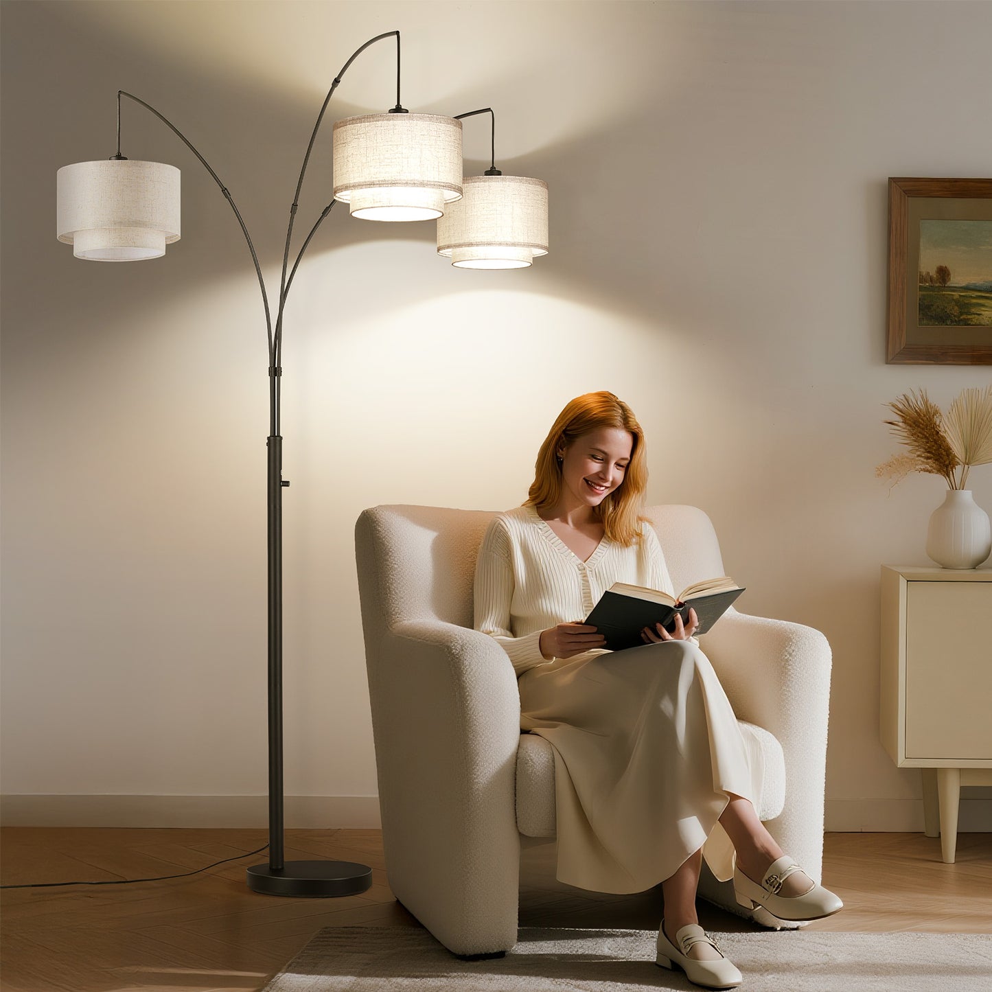 SUNMORY 3 Lights Tree Floor Lamp, 81.5" Tall Standing Lamp with Hanging Dual Drum Linen Shade, Modern Arc Floor Lamps with Heavy Base & 3 Bulbs, Mid Century Arched Floor Lamp for Living Room, Bedroom Black 17167153144