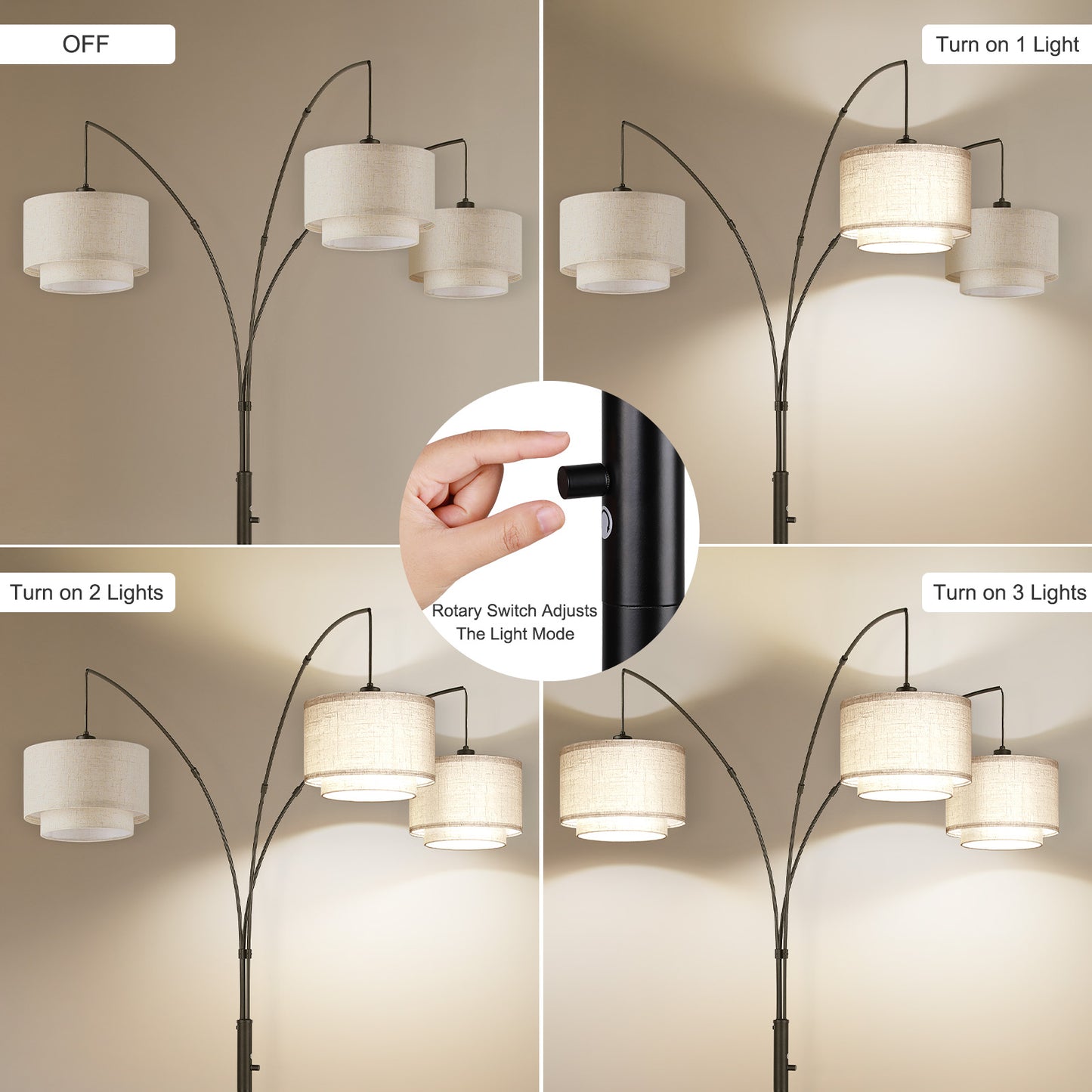 SUNMORY 3 Lights Tree Floor Lamp, 81.5" Tall Standing Lamp with Hanging Dual Drum Linen Shade, Modern Arc Floor Lamps with Heavy Base & 3 Bulbs, Mid Century Arched Floor Lamp for Living Room, Bedroom Black 17167153144