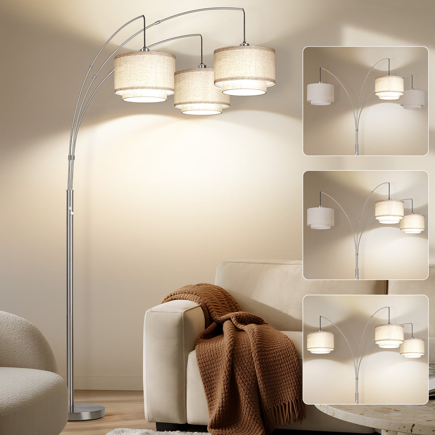 SUNMORY 3 Lights Tree Floor Lamp, 81.5" Tall Standing Lamp with Hanging Dual Drum Linen Shade, Modern Arc Floor Lamps with Heavy Base & 3 Bulbs, Mid Century Arched Floor Lamp for Living Room, Bedroom Silver 17162112713