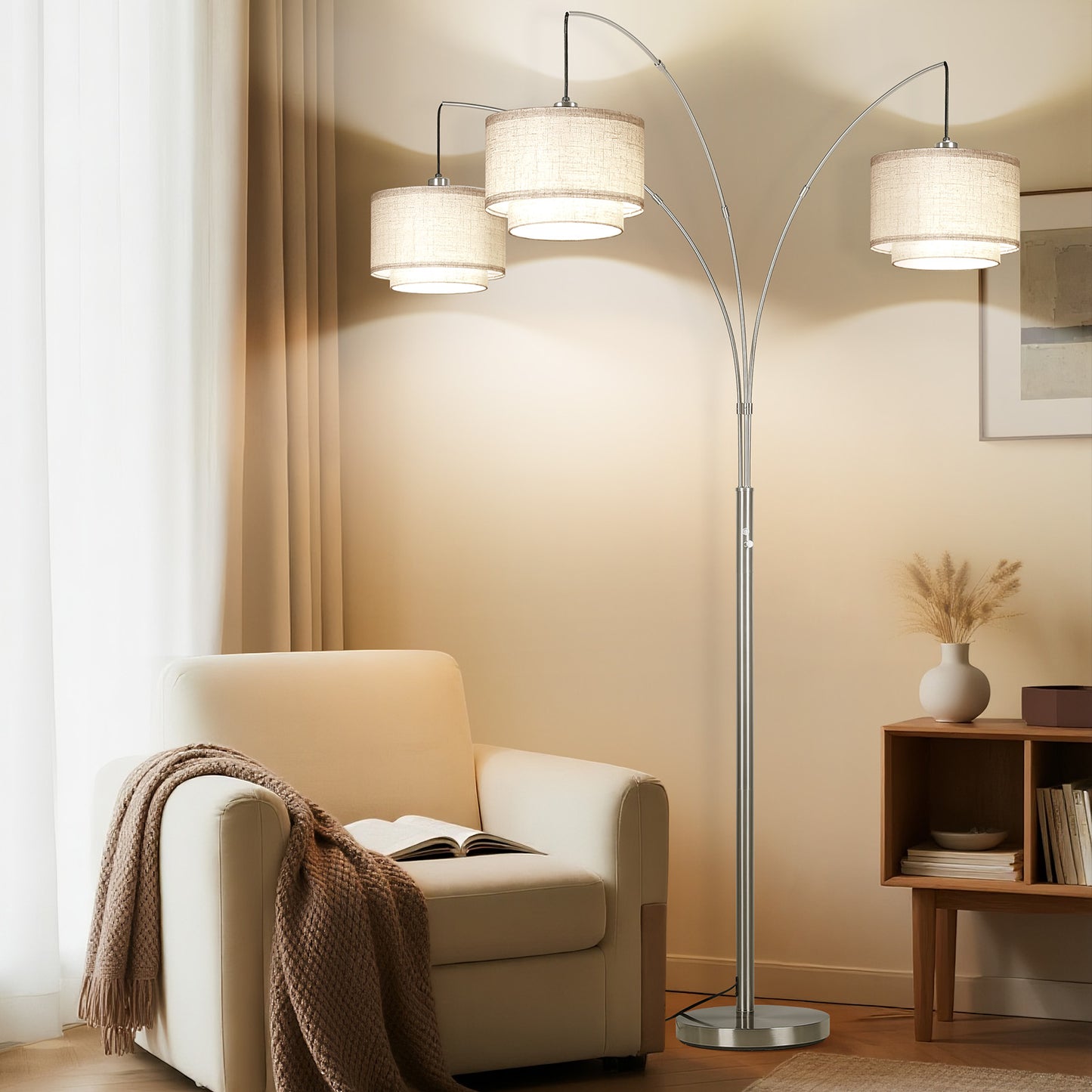 SUNMORY 3 Lights Tree Floor Lamp, 81.5" Tall Standing Lamp with Hanging Dual Drum Linen Shade, Modern Arc Floor Lamps with Heavy Base & 3 Bulbs, Mid Century Arched Floor Lamp for Living Room, Bedroom Silver 17162112713