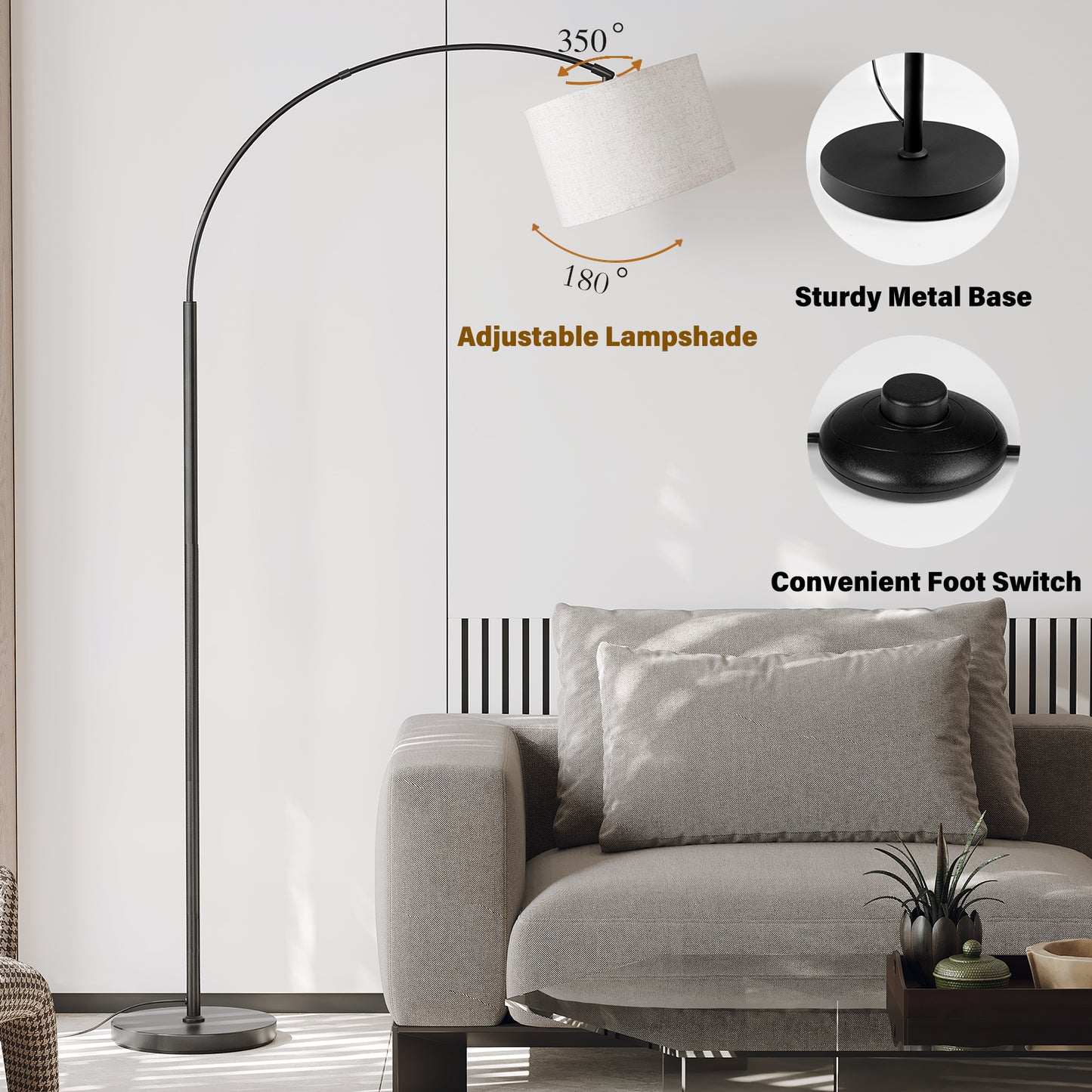 Arc Floor Lamp with Foot Switch, 3 Color Temperature, 9w A19 LED Bulb included, 75″Height Tall Lamp with Hanging Drum Shade, Arched Standing Lamp for Bedroom, Living Room, Office(Black) 13107820083