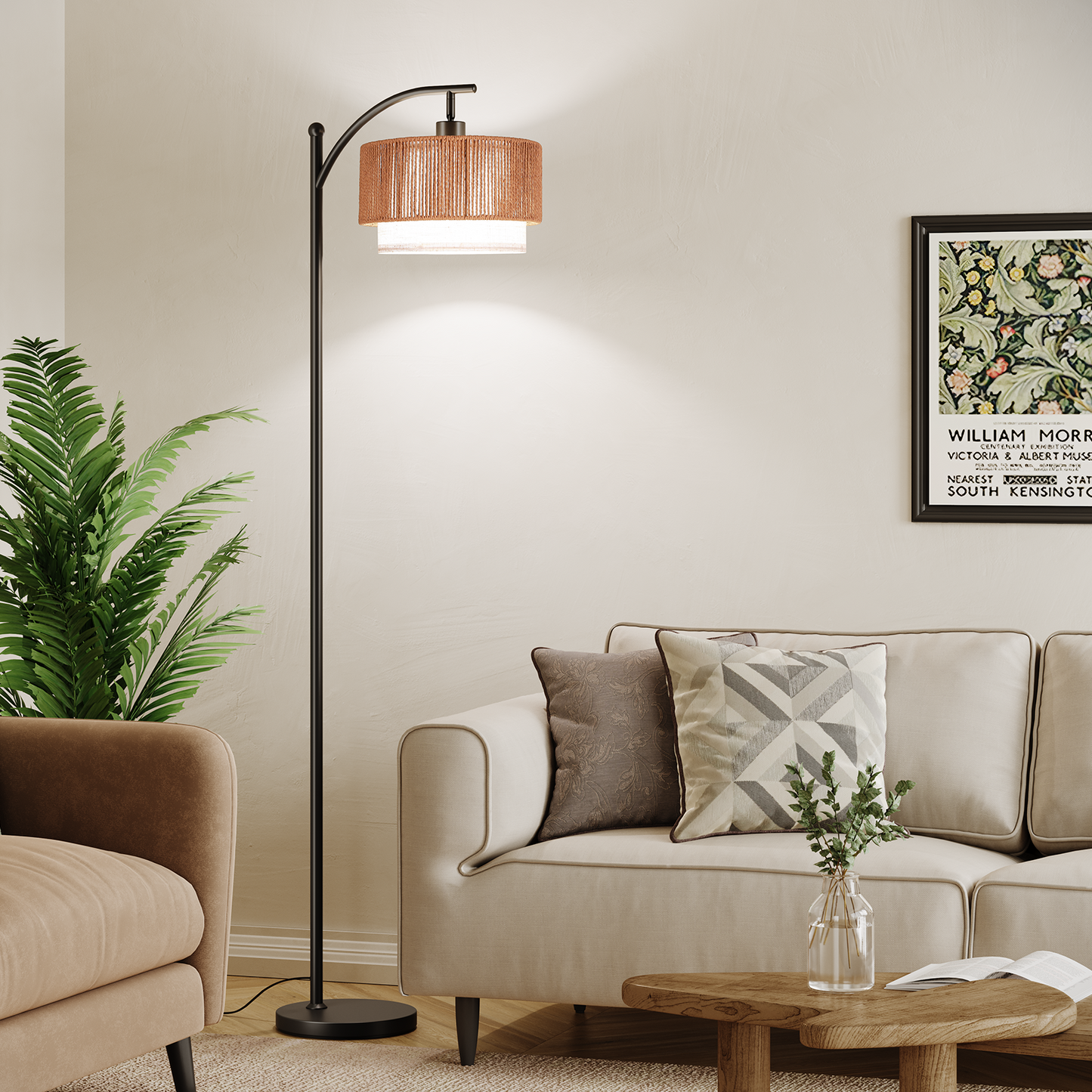 SUNMORY Rattan Floor Lamps, Boho Standing Lamps with Rattan & Linen Double Shades, Arc Lamp Floor with 12W Bulb, Foot Switch, Bohemian Floor Lamps for for Living Room, Bedroom, Study Room