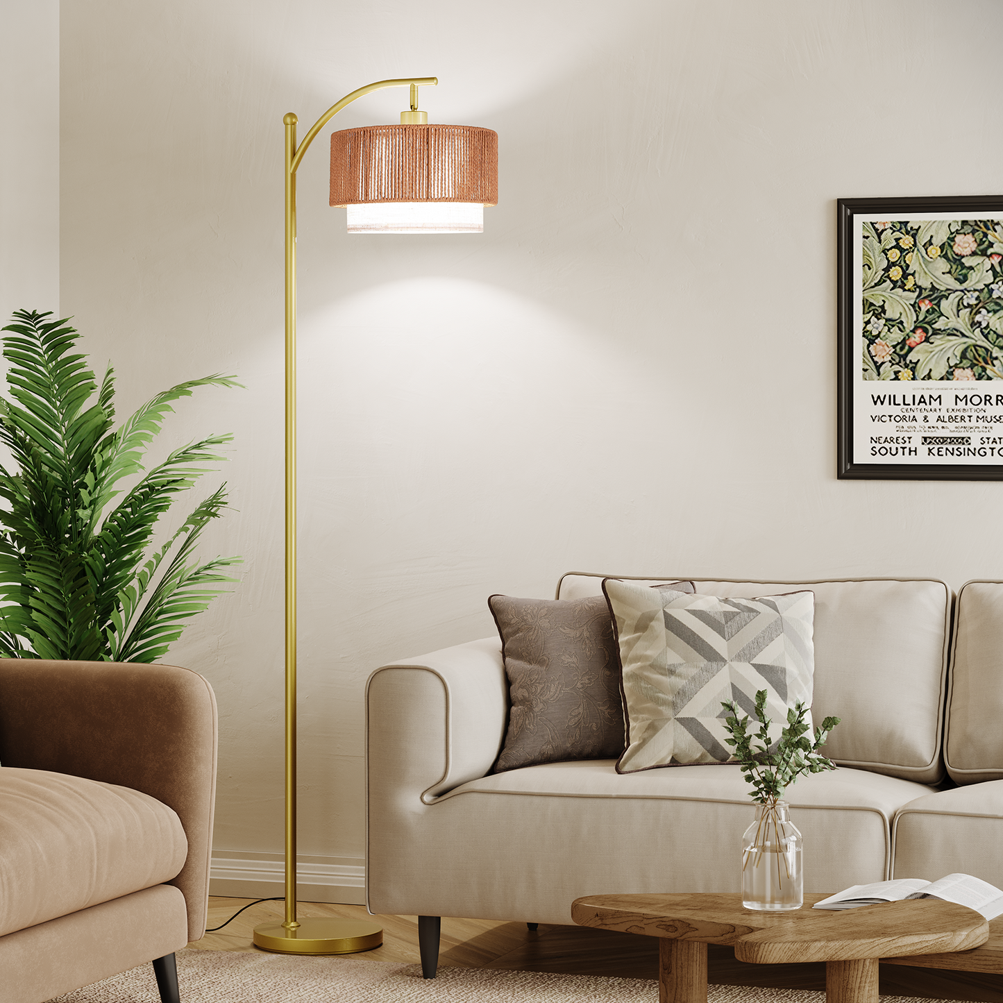 SUNMORY Rattan Floor Lamps, Boho Standing Lamps with Rattan & Linen Double Shades, Arc Lamp Floor with 12W Bulb, Foot Switch, Bohemian Floor Lamps for for Living Room, Bedroom, Study Room