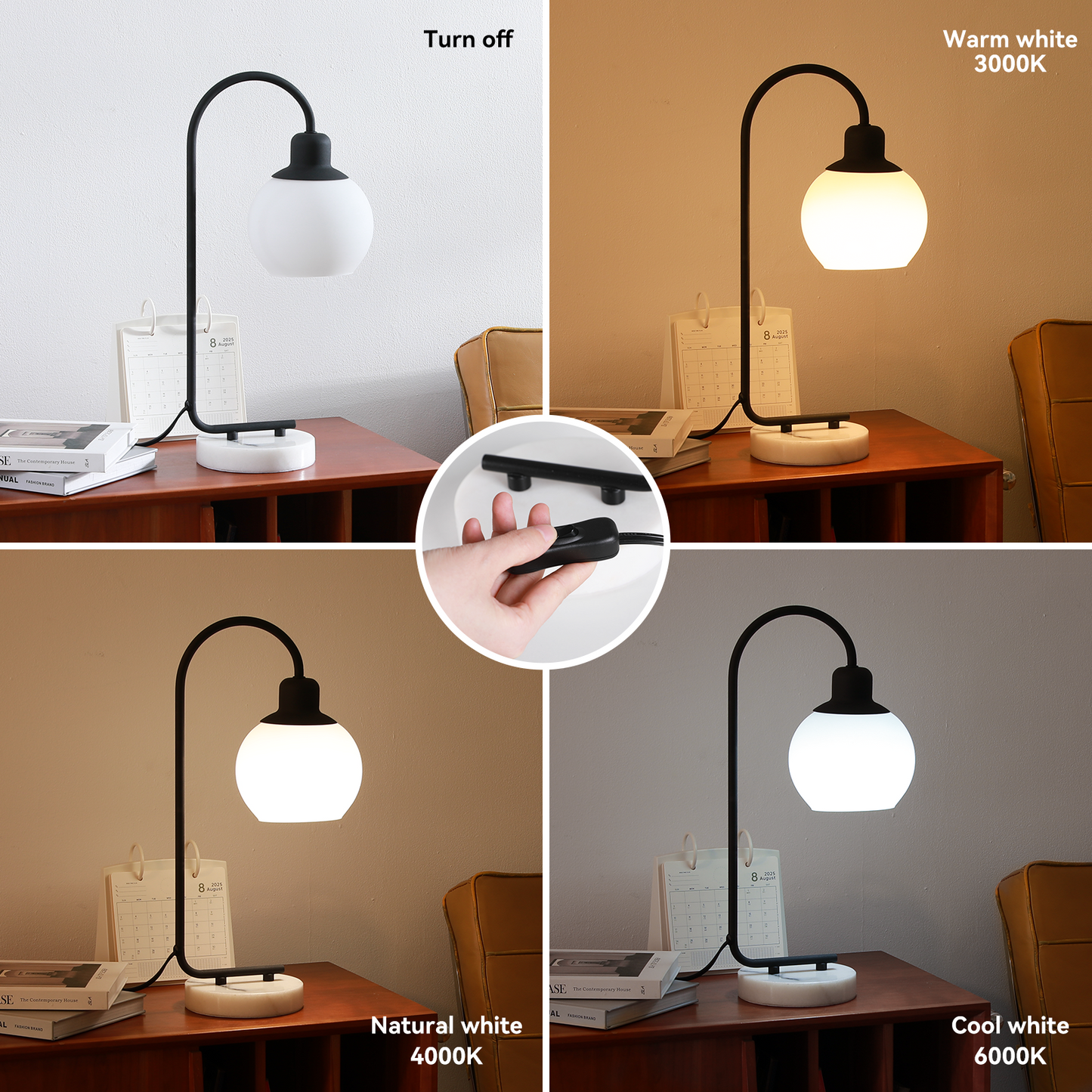 20" Marble Table lamp, Nightstand Lamps for Living Room Bedroom, 3-Color Temperatures Bedside Lamps with Nightlight, Modern Table Lamp, 9W Bulbs Included