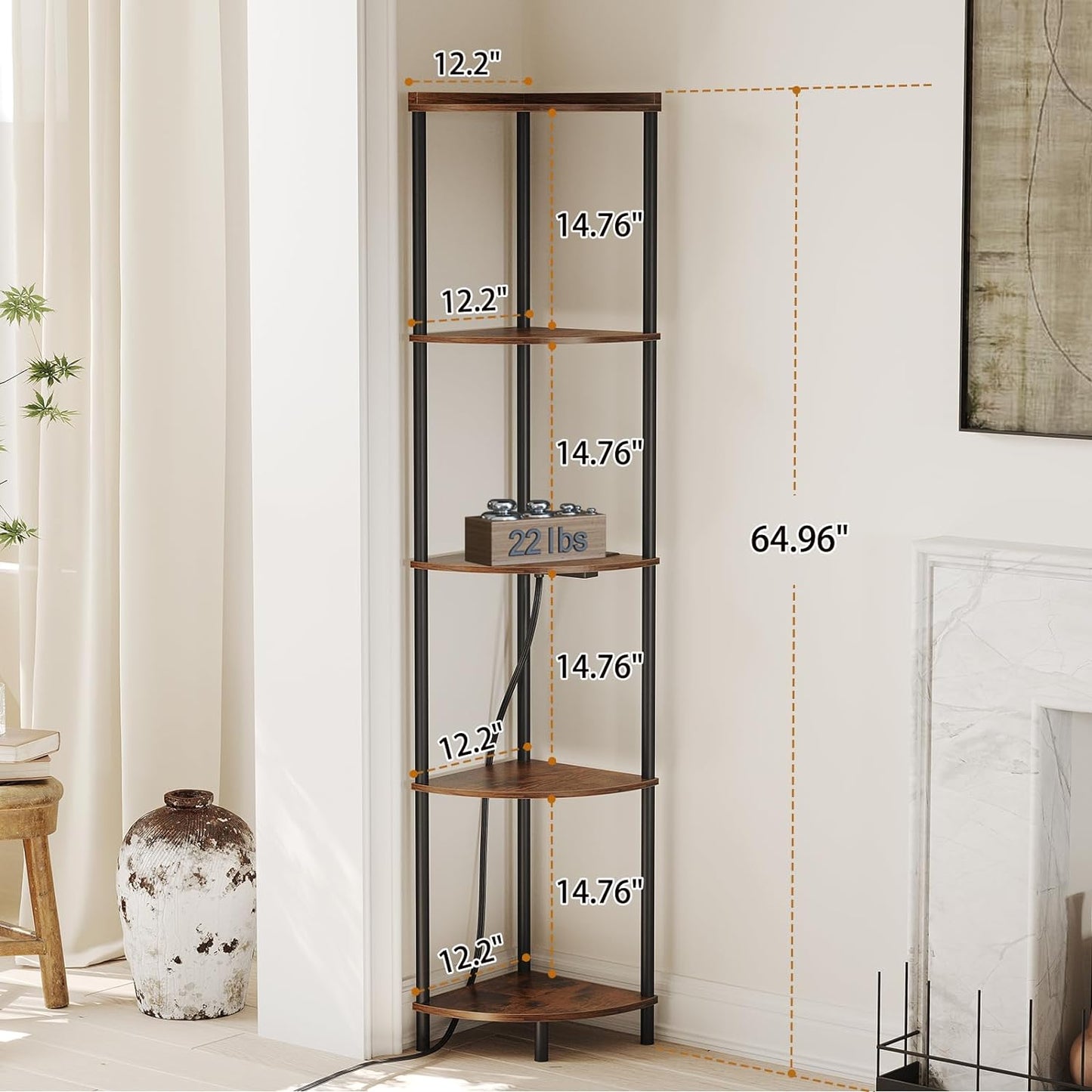 SUNMORY 5 Tier Corner Shelf Stand With 2 USB Ports & 2 Power Outlet,65" Tall Corner Shelves Display Rack for Living Room Decor