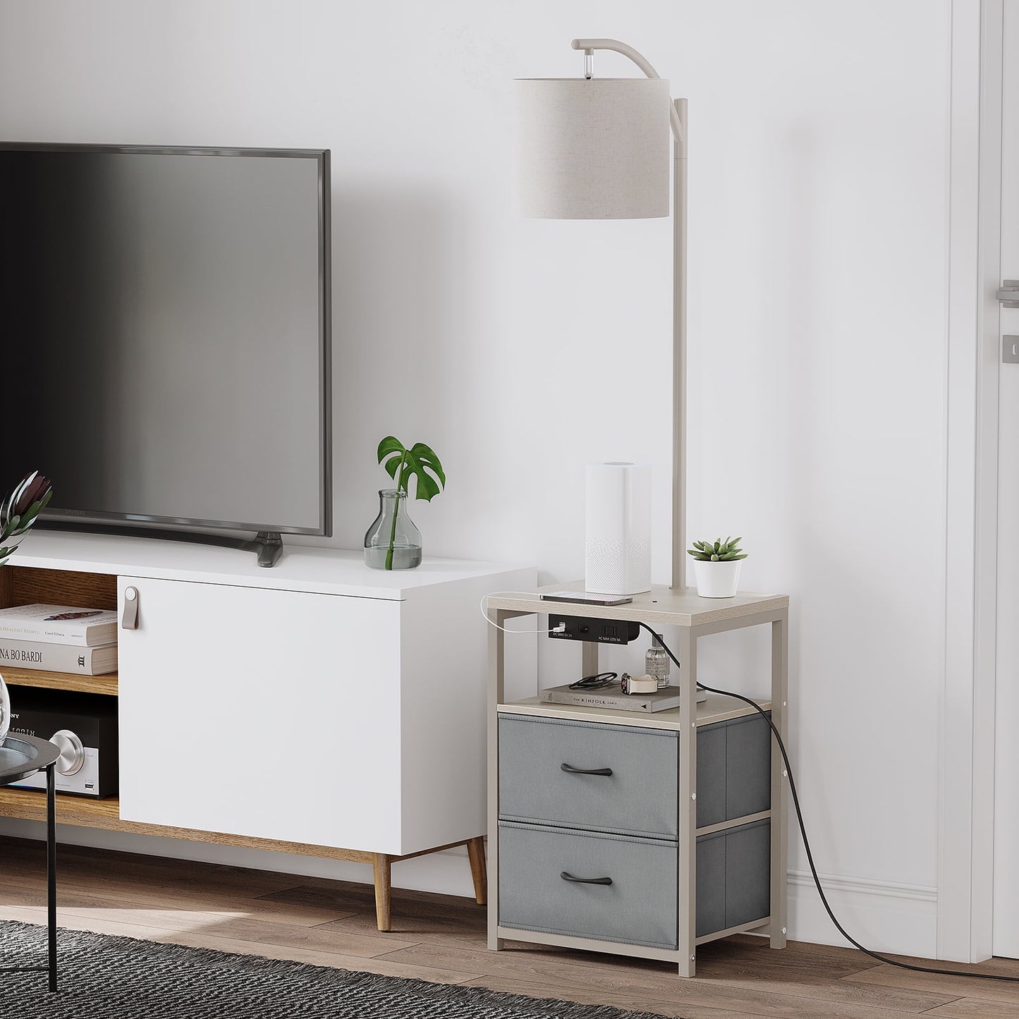 SUNMORY Floor Lamp with Table & 2 Drawers, Lamp with USB Port and Outlet, Lamps for Nightstand with 3 Color Temperature Led Bulb, Rubber