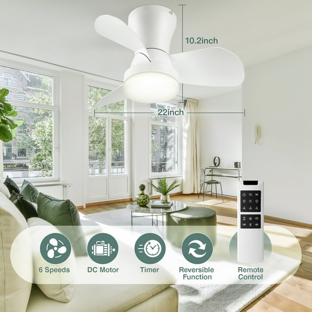 SUNMORY 22 inch Ceiling Fans with Lights and Remote, Low Profile Ceiling Fan for Bedroom/Kitchen/Dining Room/Patio, 6 Wind Speeds, Dimmable, White