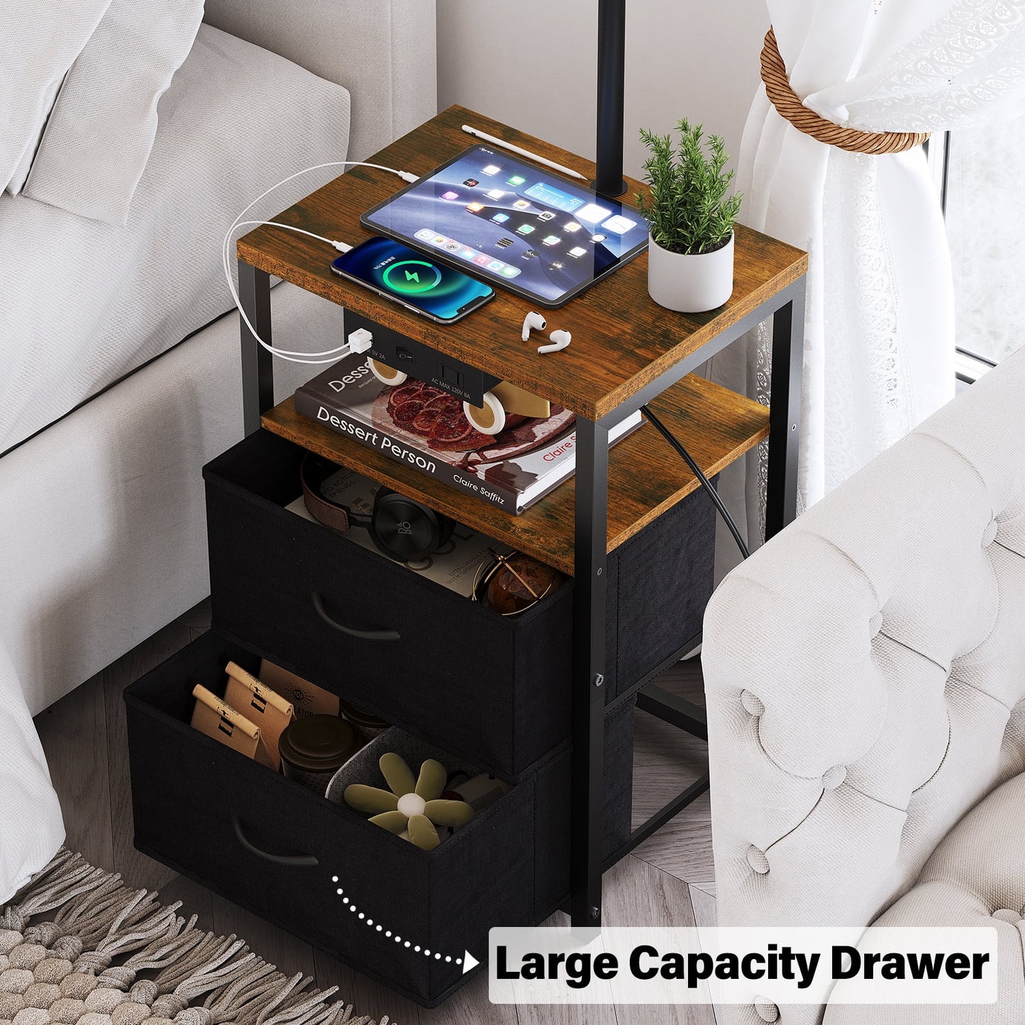 SUNMORY Floor Lamp with Table for Bedroom, Nightstand with Drawers Lamp with USB Port and Outlet Reading Light -Walnut