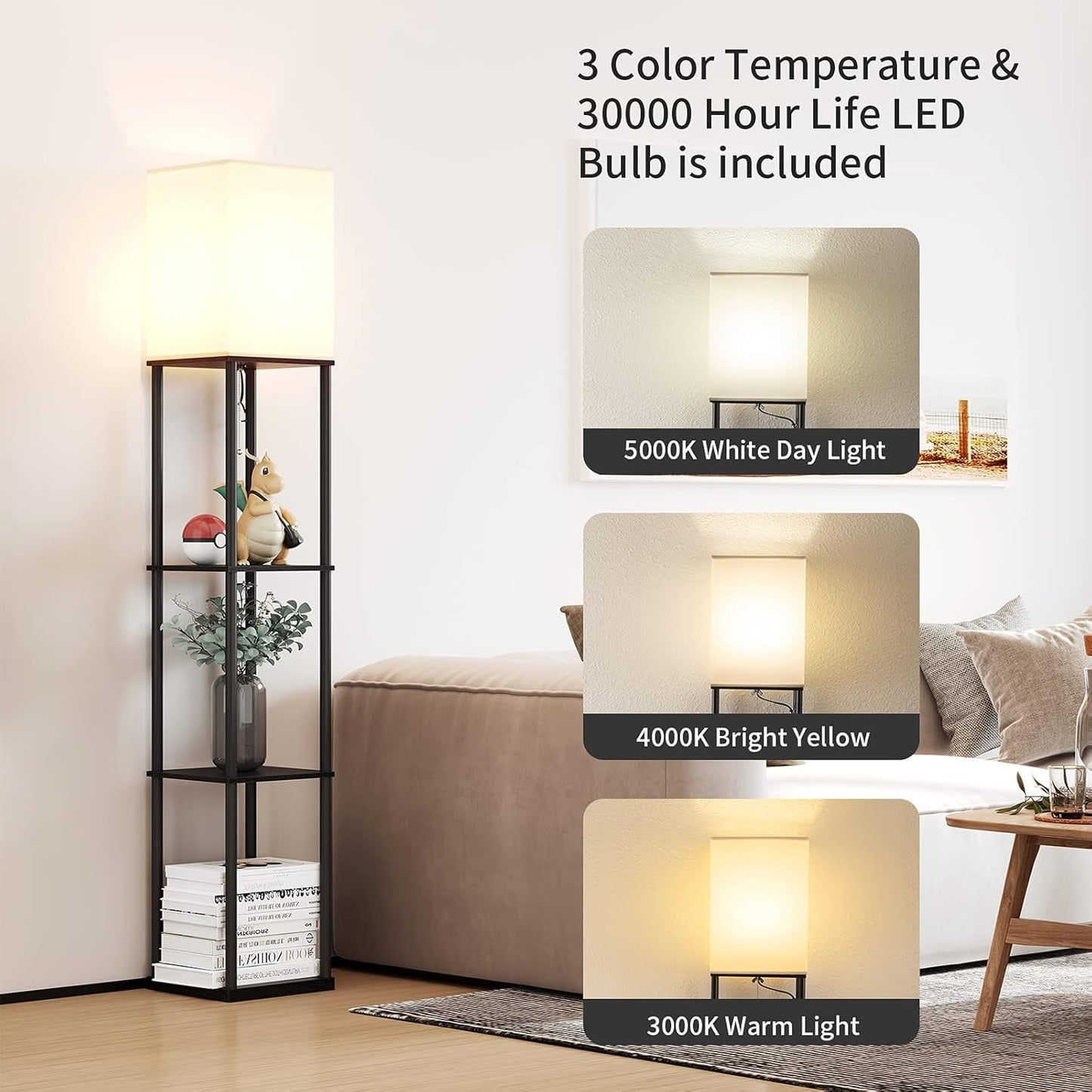 SUNMORY Floor Lamp with Shelves, Modern Square Standing Lamp with 3 Color Temperature Bulb, Corner Display Bookshelf, Tall Lamp for Living Room and Bedroom(Black) -TSI-SFL-BK