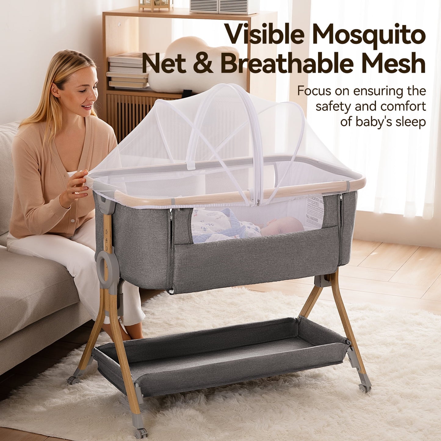 Baby Bassinet Bedside Sleeper, Baby Bed to Babies Cradle, Adjustable 5-Level Height Portable Bed for Newborn/ Infant/ Baby Boy/ Baby Girl (Light Gray) BSC001
