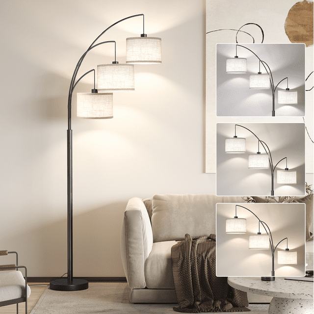 SUNMORY 3 Lights Floor Lamp with Remote Control and 3 Stepless Dimmable Bulbs, 78" Tall Standing Lamp with Hanging Drum Shade & Heavy Base, Modern Arc Floor Lamps for Living Room, Bedroom, Office