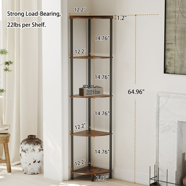 SUNMORY 5 Tier Industrial Corner Shelf Stand, 65" Corner Bookcase Display Shelves for Living Room Decor, Wall Corner Bookshelf Multi Unit Organizer, Tall Shelf Plant Stand for Bedroom, Bathroom