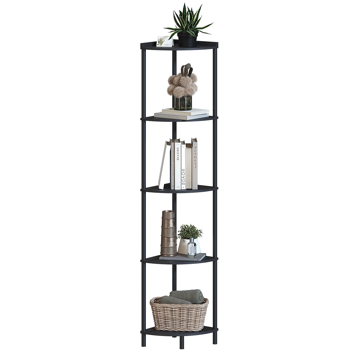 SUNMORY 5 Tier Industrial Corner Shelf Stand, 65" Corner Bookcase Display Shelves for Living Room Decor, Wall Corner Bookshelf Multi Unit Organizer, Tall Shelf Plant Stand for Bedroom, Bathroom