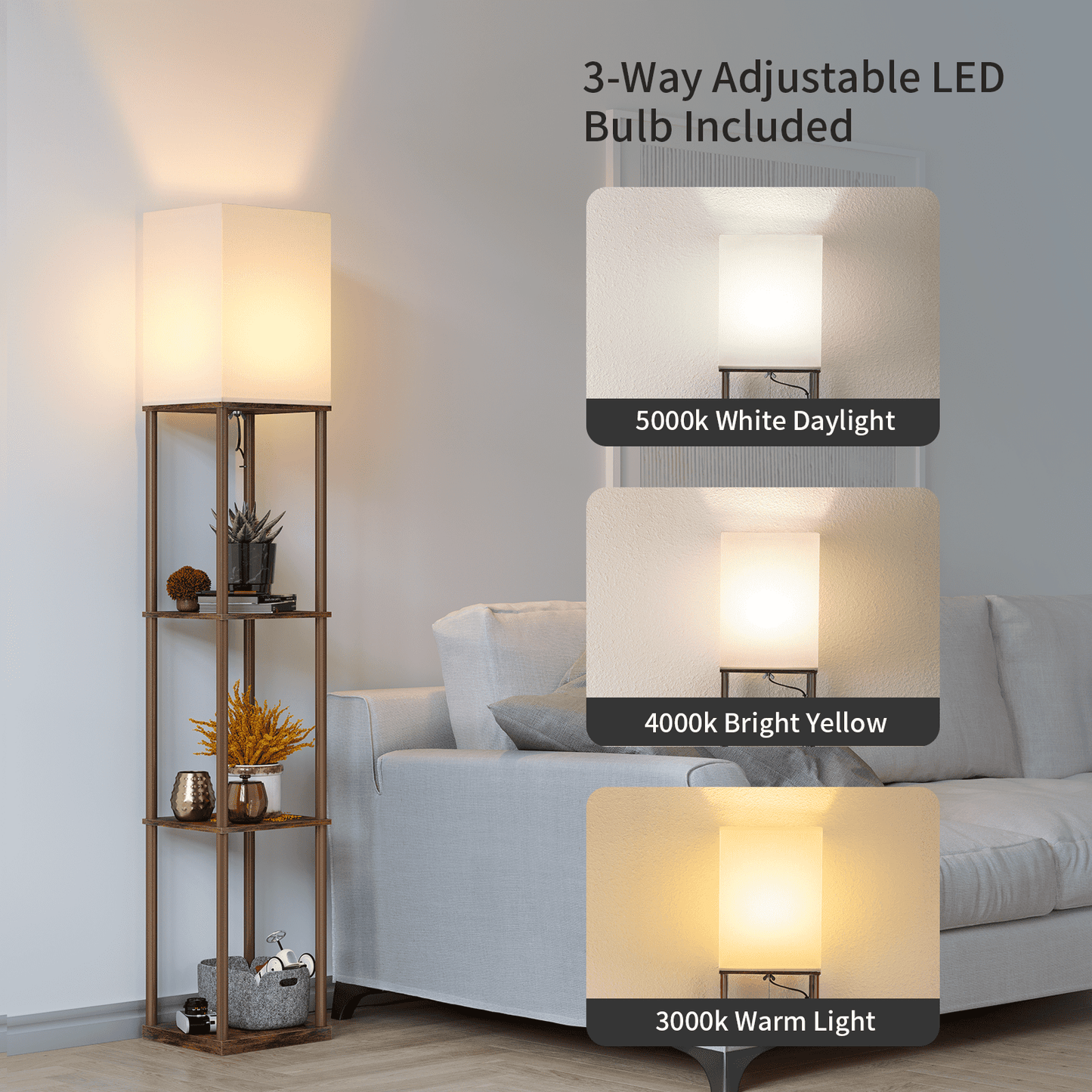 SUNMORY Modern Iron Shelf Floor Lamp with 3-Way Dimmable LED Bulb, Shelves and White Shade for Living Room and Bedroom Walnut-182914420